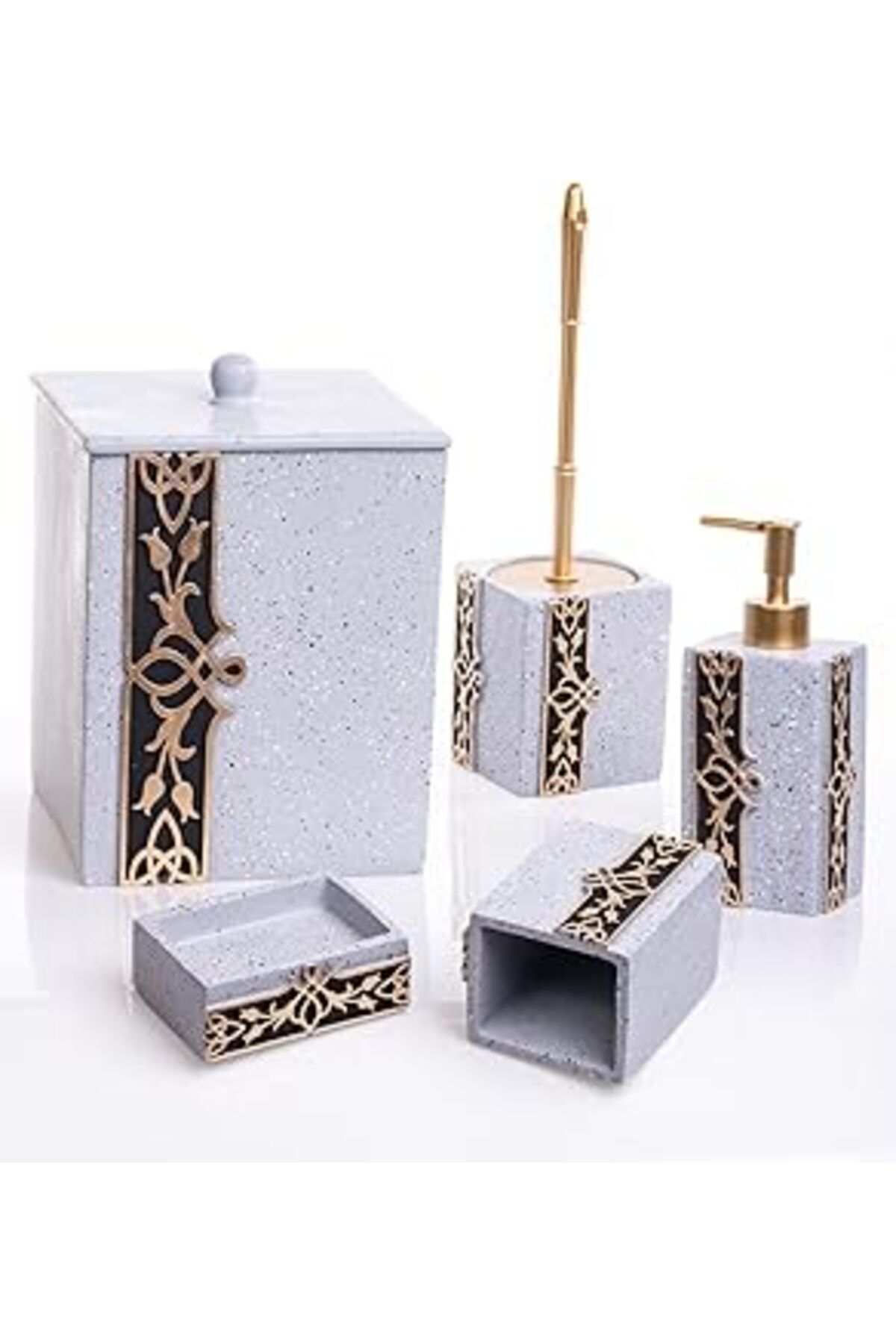 Mu Art Ahşap Mukko Home Lale Gri 5 Parça Lüks Banyo Seti