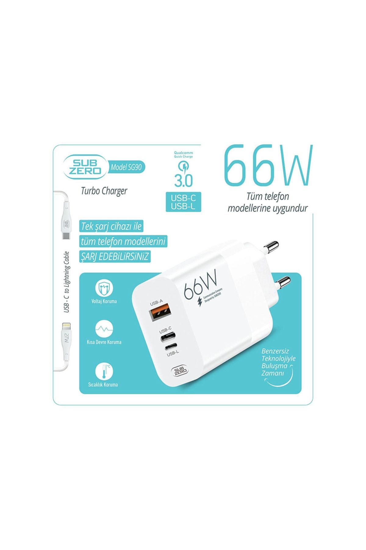 KİLİNCTECHSHOP Subzero SG90 66W Usb|PD|Ligtning Girişli Turbo Şarj Aleti