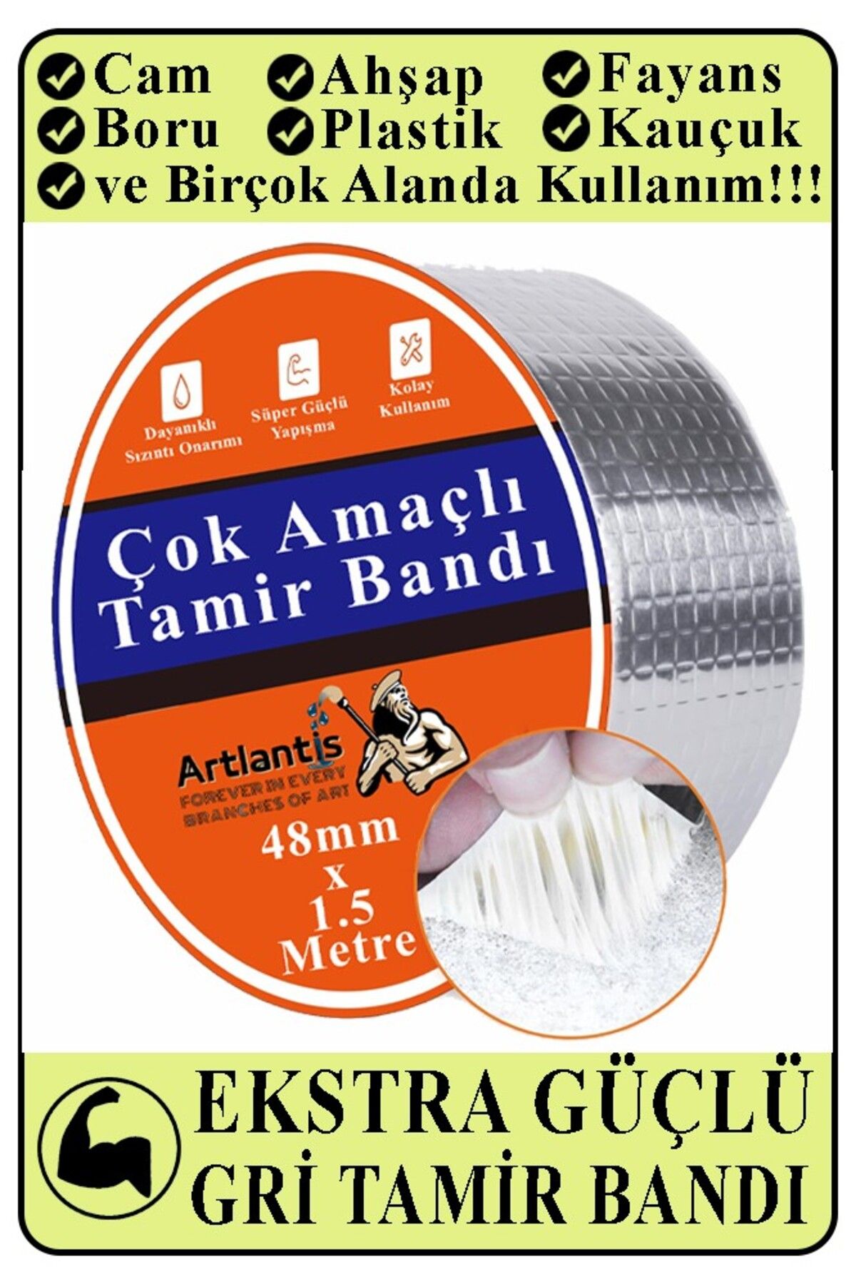 Artlantis Çok Amaçlı Tamir Bandı 1 Adet Su Geçirmez Sızdırmaz Isıya Dayanıklı Sakız İzole Gri Tamir Bant 48mm