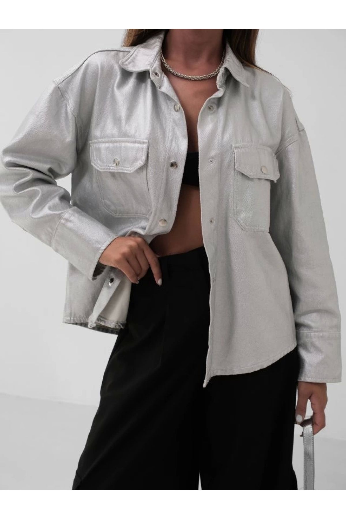 POLEXP Parlak Metalik Denim Ceket