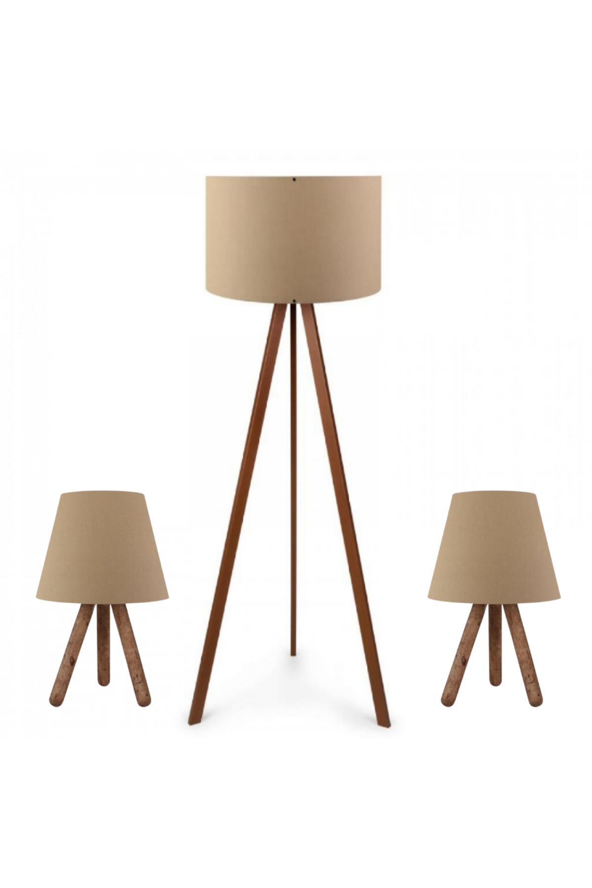 SerenityHaven Pratik Tripod Lambader ve İki Adet Ahşap Üç Ayaklı Abajur Ceyiz Seti Kahve Kumaş