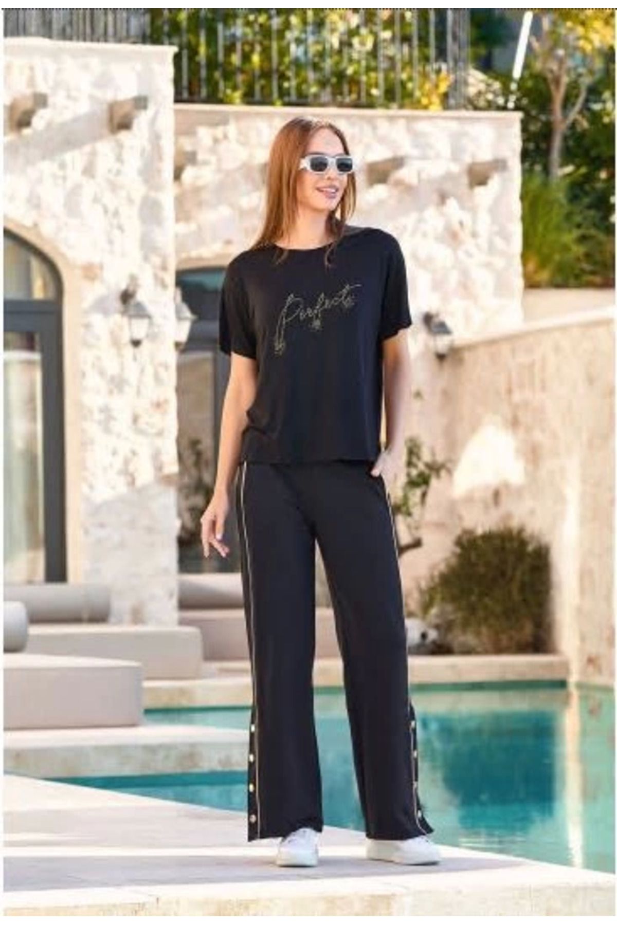 Aqua 25714 Kadın Taş Baskılı Paça Çıtçıt Detay 2'li Takım