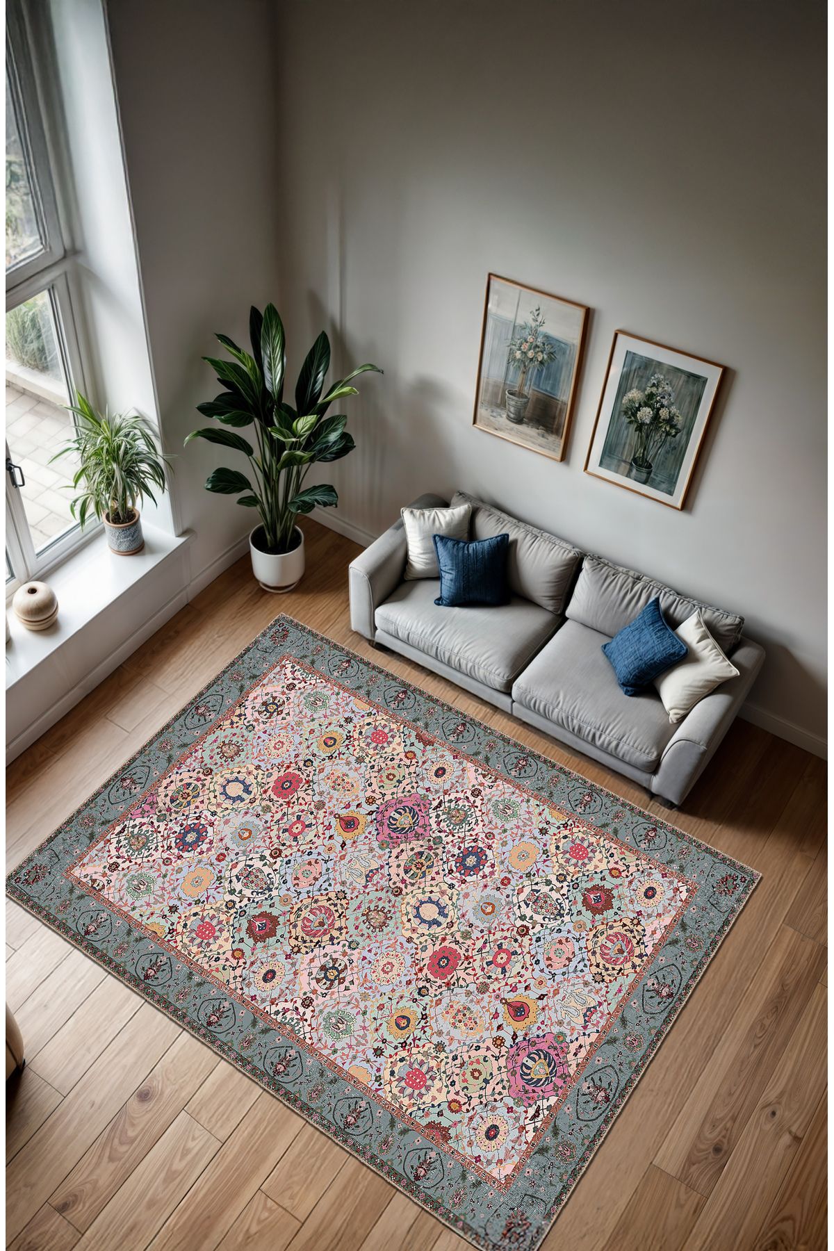 BigArts Home Makinede Yıkanabilir Kaymaz Taban Leke Tutmaz Çiçekli Salon Halısı Mutfak Halısı ve Yolluk