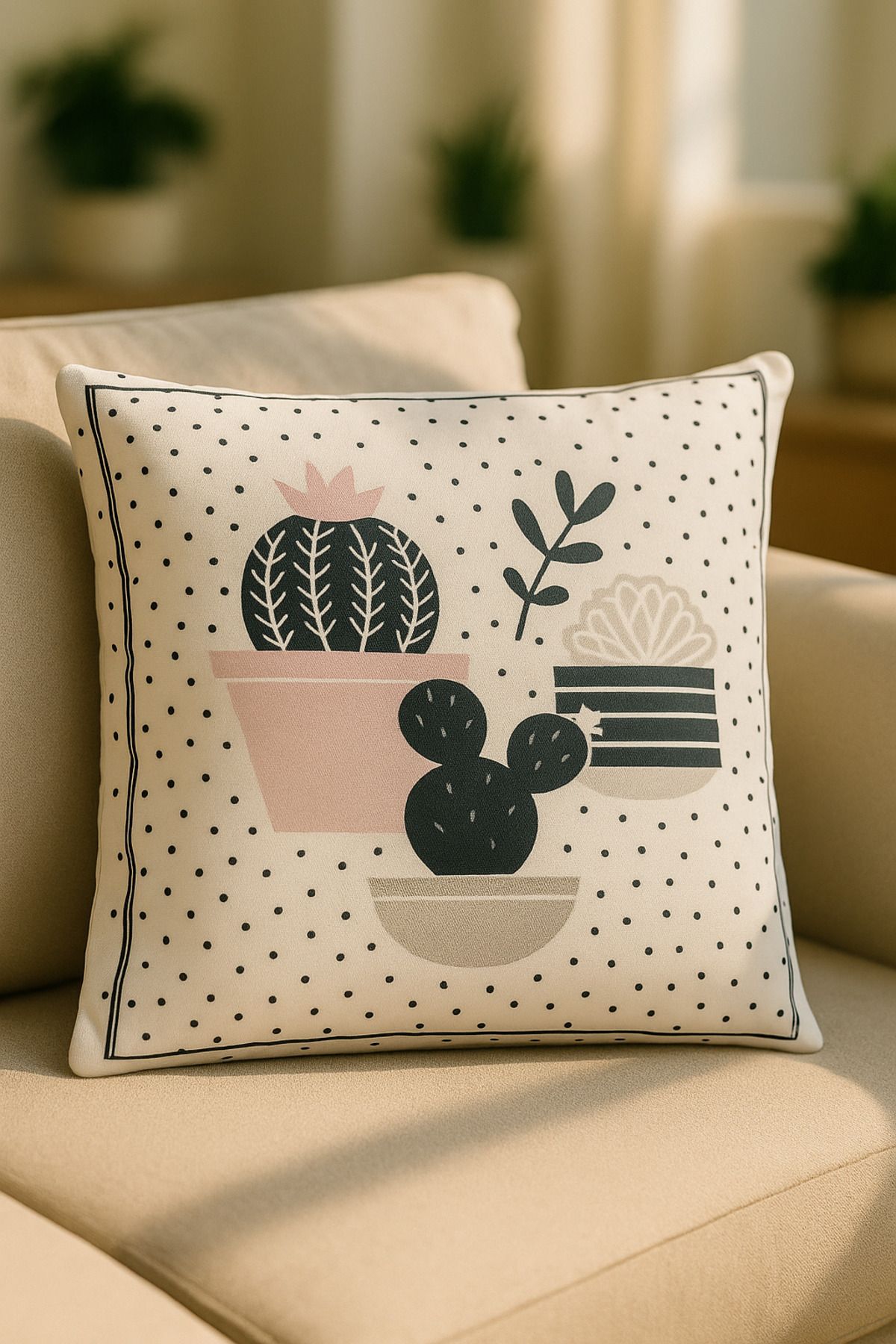 HİG HOME Kaktüs ve Sukulent Desenli Kırlent Kılıfı – Modern Puantiyeli Tasarım