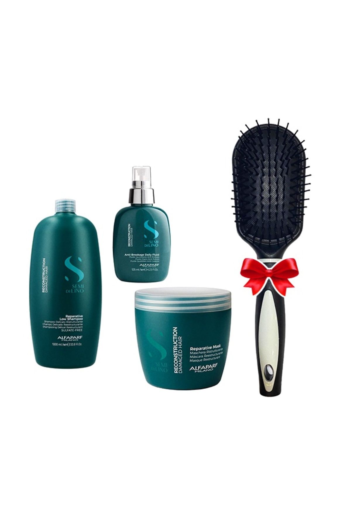 Alfaparf Milano-Set Reconstrucție Alfaparf Semi Di Lino: Șampon 1000ml + Mască 500ml + Fluid 125ml + Perie de păr 3