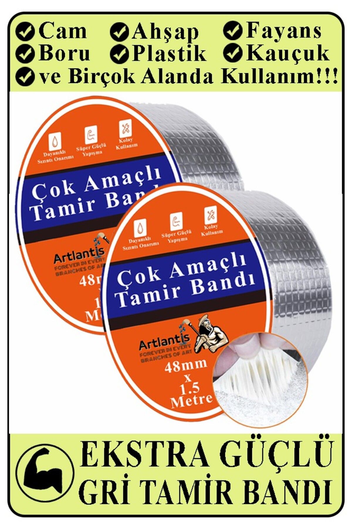 Artlantis Çok Amaçlı Tamir Bandı 2 Adet Su Geçirmez Sızdırmaz Isıya Dayanıklı Sakız İzole Gri Tamir Bant 48mm