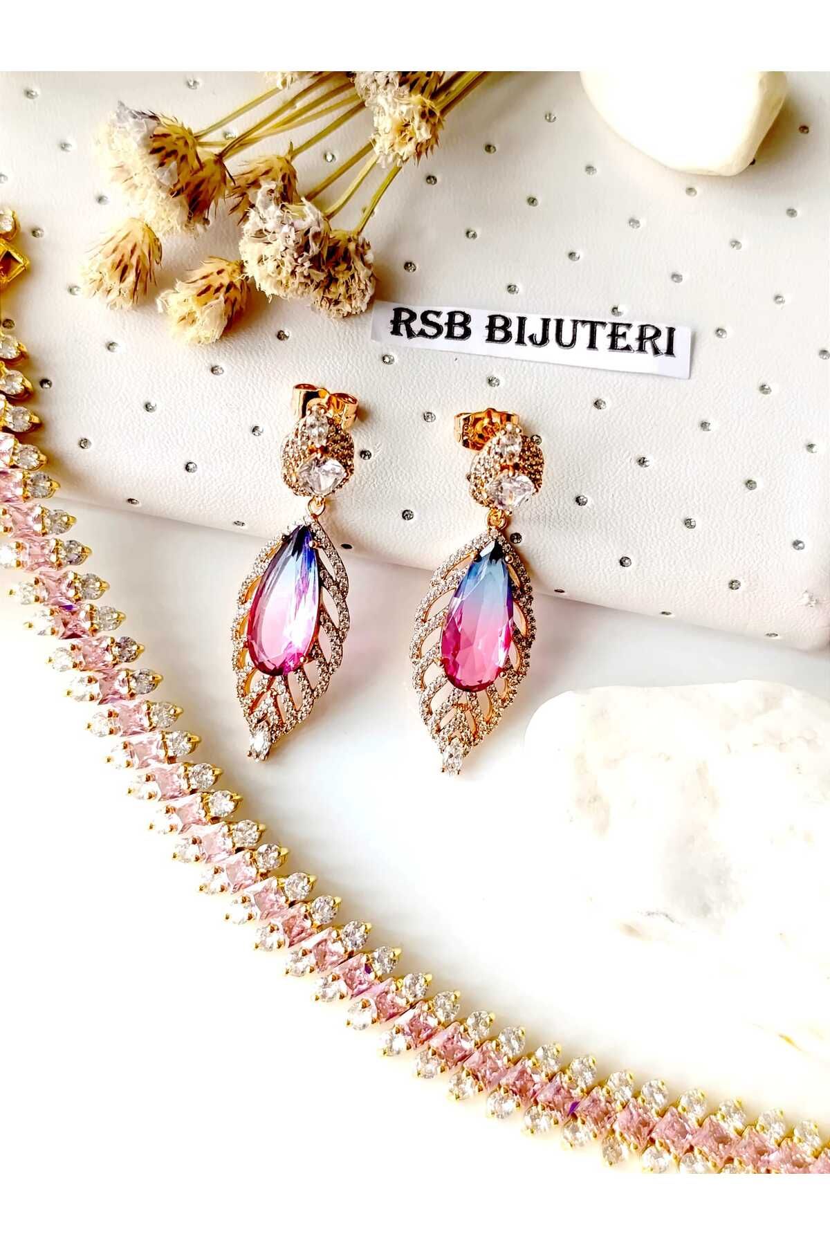 RSB Bijuteri Küpe Sallantılı ve Bileklik Pembe Zirkon Taş Altın Kaplama 316 L Çelik 2'li set