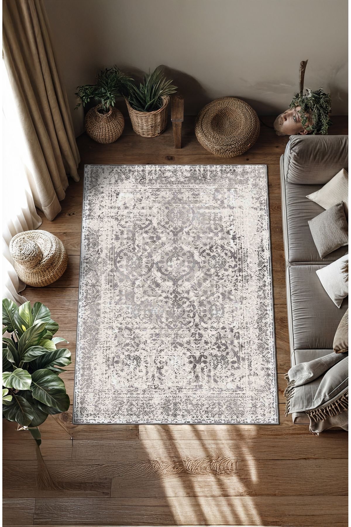 BigArts Home Makinede Yıkanabilir Kaymaz Taban Leke Tutmaz Gri Salon Halısı Mutfak Halısı ve Yolluk