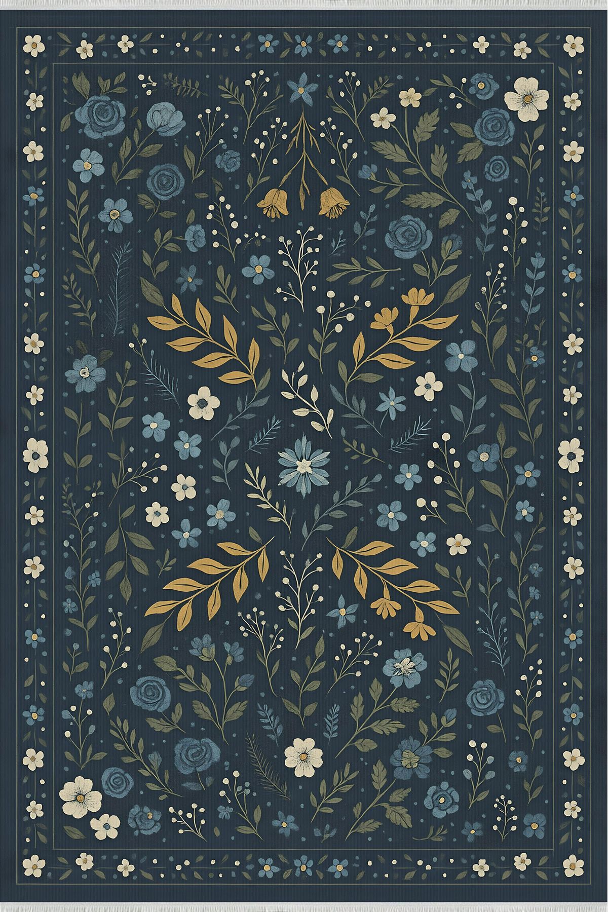 TNYLOF Lacivert Çiçek Desenli Halı – Modern Vintage Tarz | Kaymaz, Yıkanabilir, Evcil & Bebek Dostu