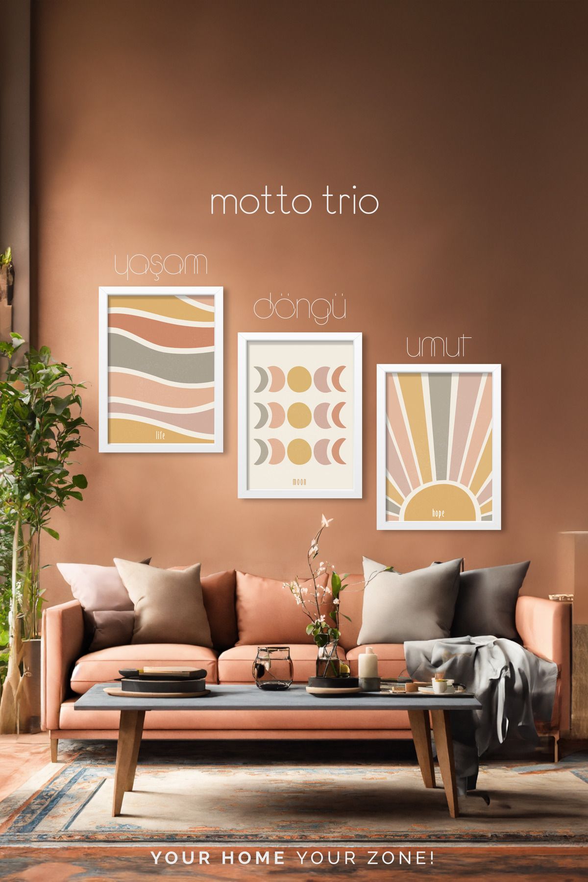 interGO MOTTO TRIO | Dekoratif Tablo, Üç Parça Çerçeve Tasarımlı MDF Tablo Seti, 30 x 40 cm