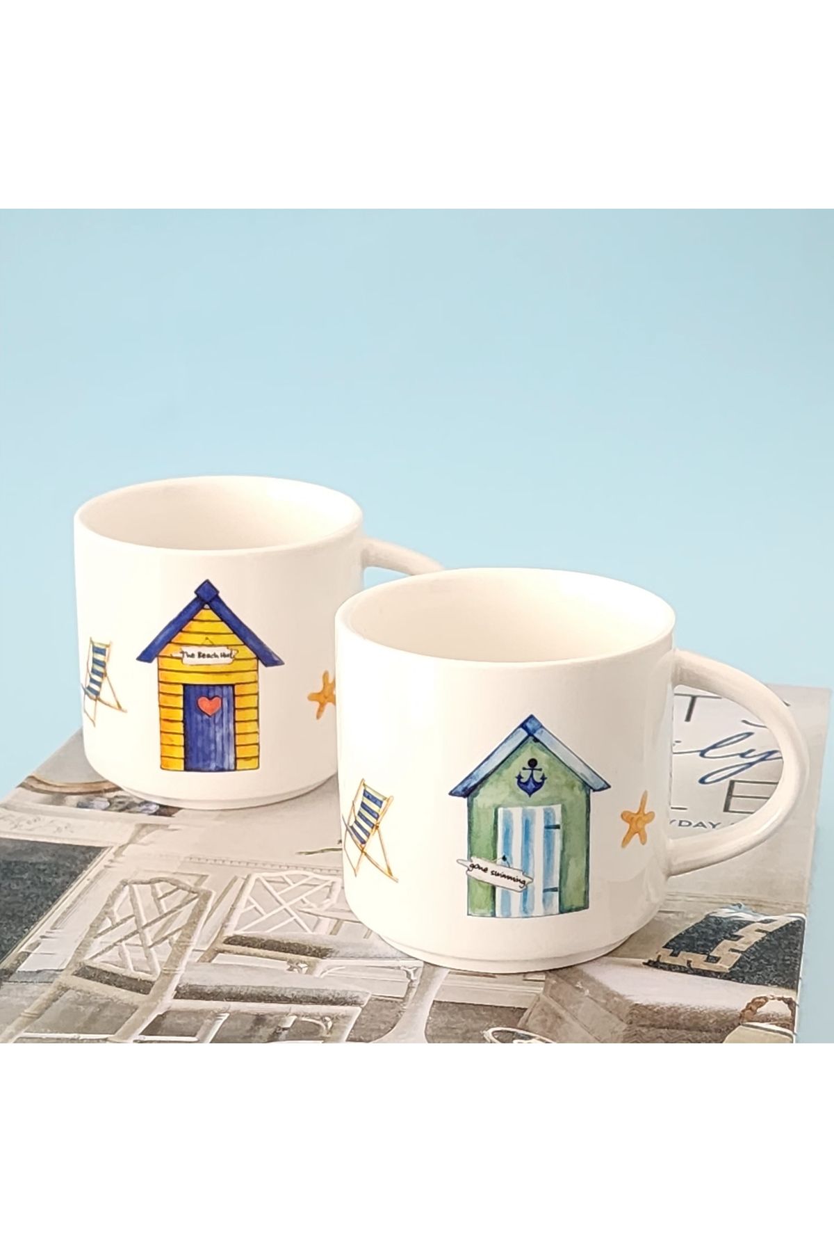 Mimoza Porselen ve Seramik Sahil evleri desen mini mug kupa 2'li