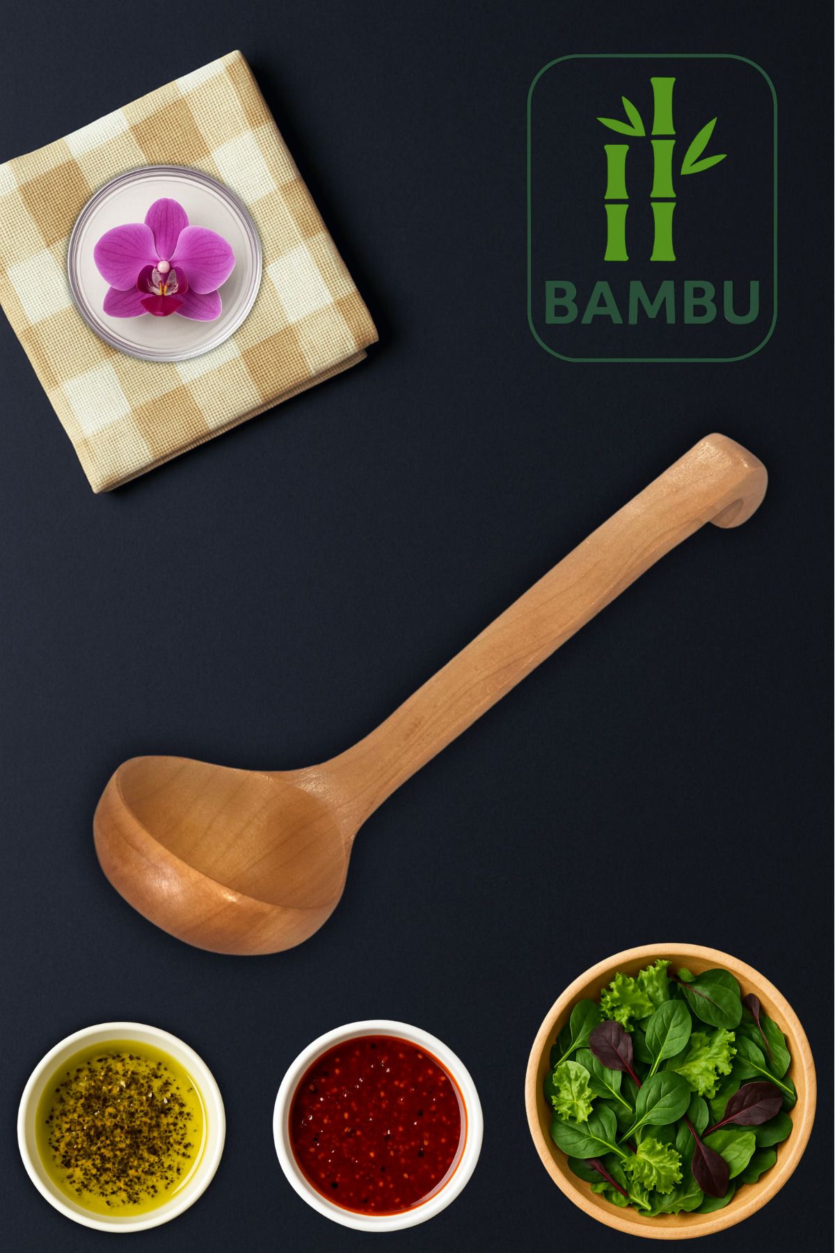 Ülgenev 1 Adet 28 Cm Vernikli Doğal Bambu Kancalı Kepçe – Asılabilir, Ergonomik, Çizmez Ahşap Kepçe