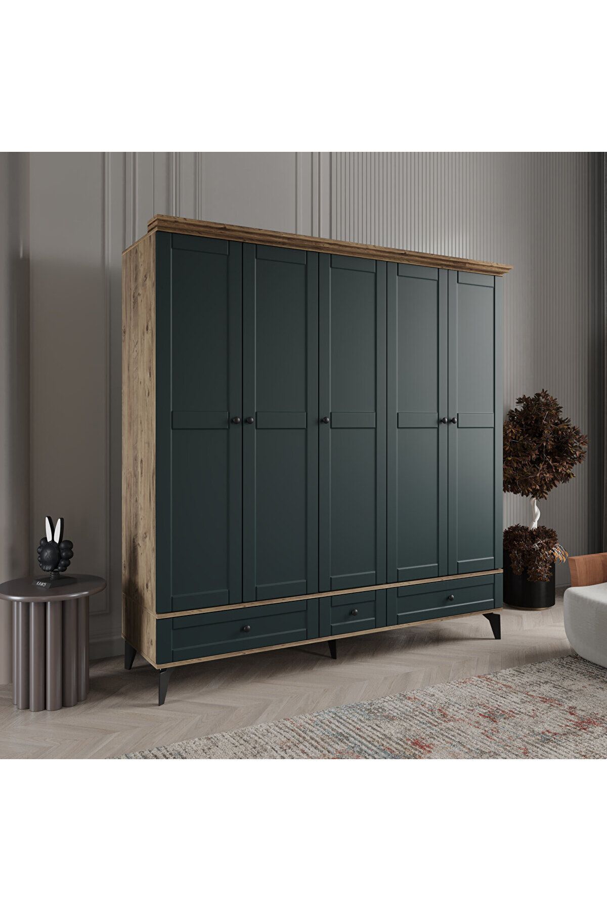 DRNHOME DALİ 5 KAPAKLI YEŞİL GARDIROP TAMAMI MDF