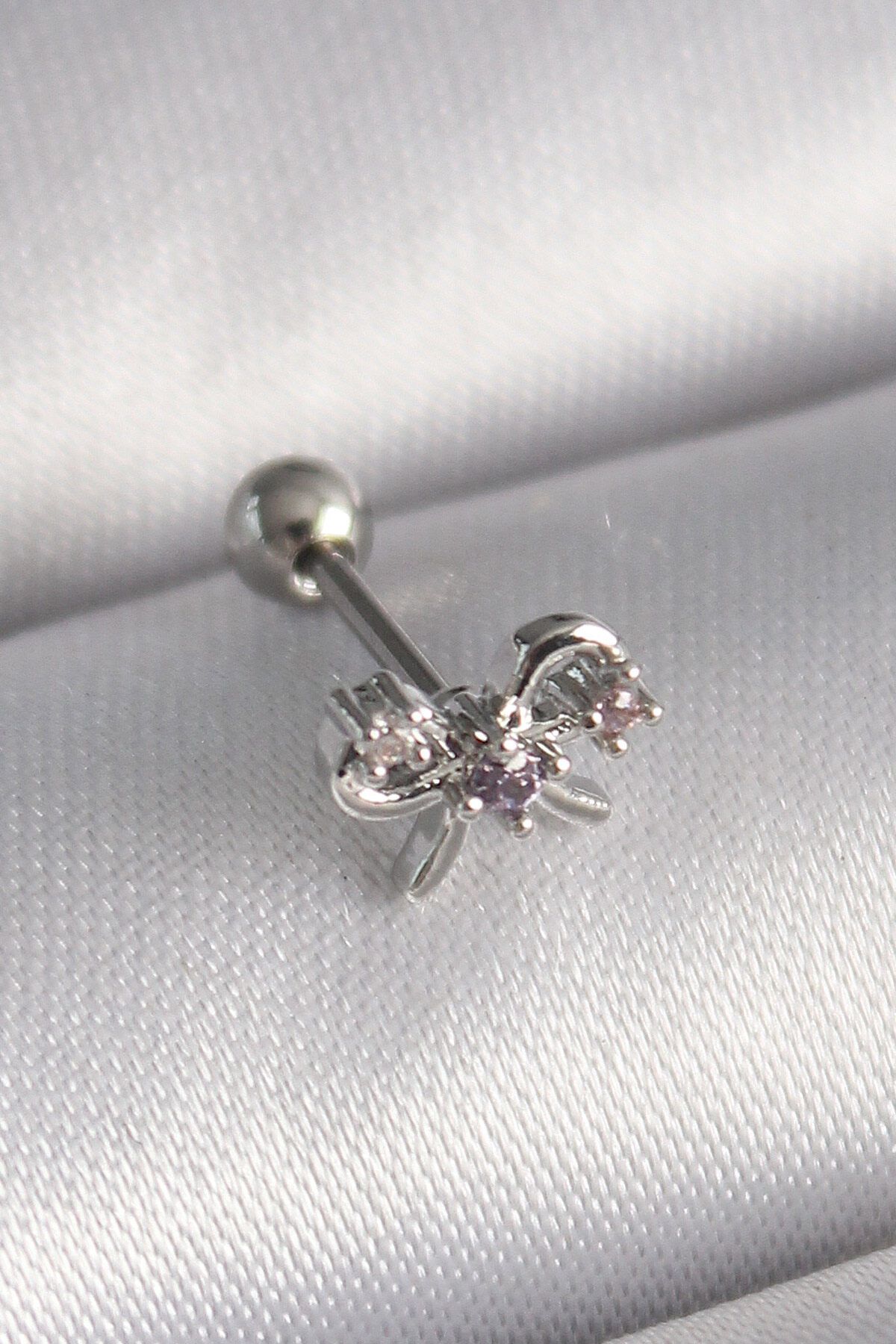 merland benvecocuk 316L Çelik Gümüş Renk Zirkon Taşlı Kurdele Tragus Piercing - Lisinya