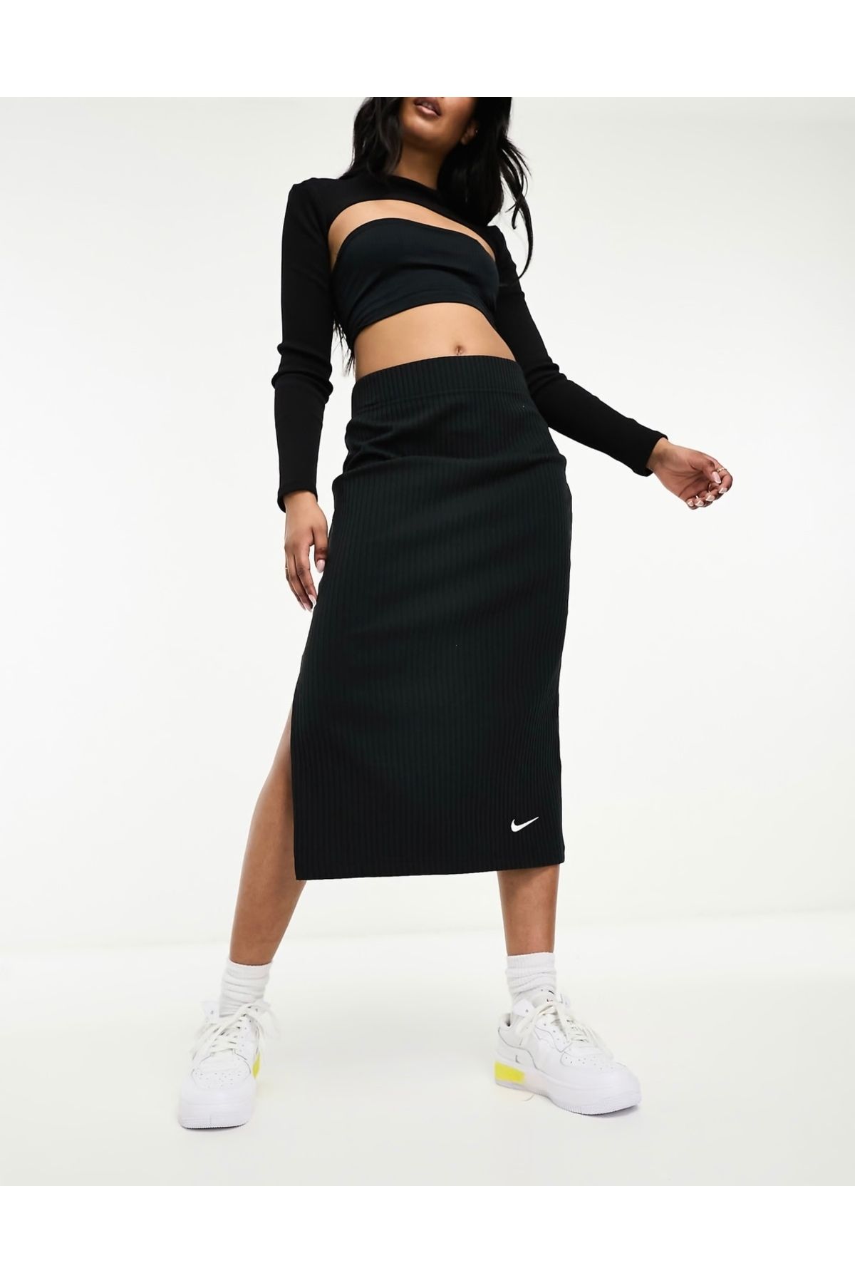 Nike Sportswear High-Waisted Ribbed Jersey Siyah Kadın Etek