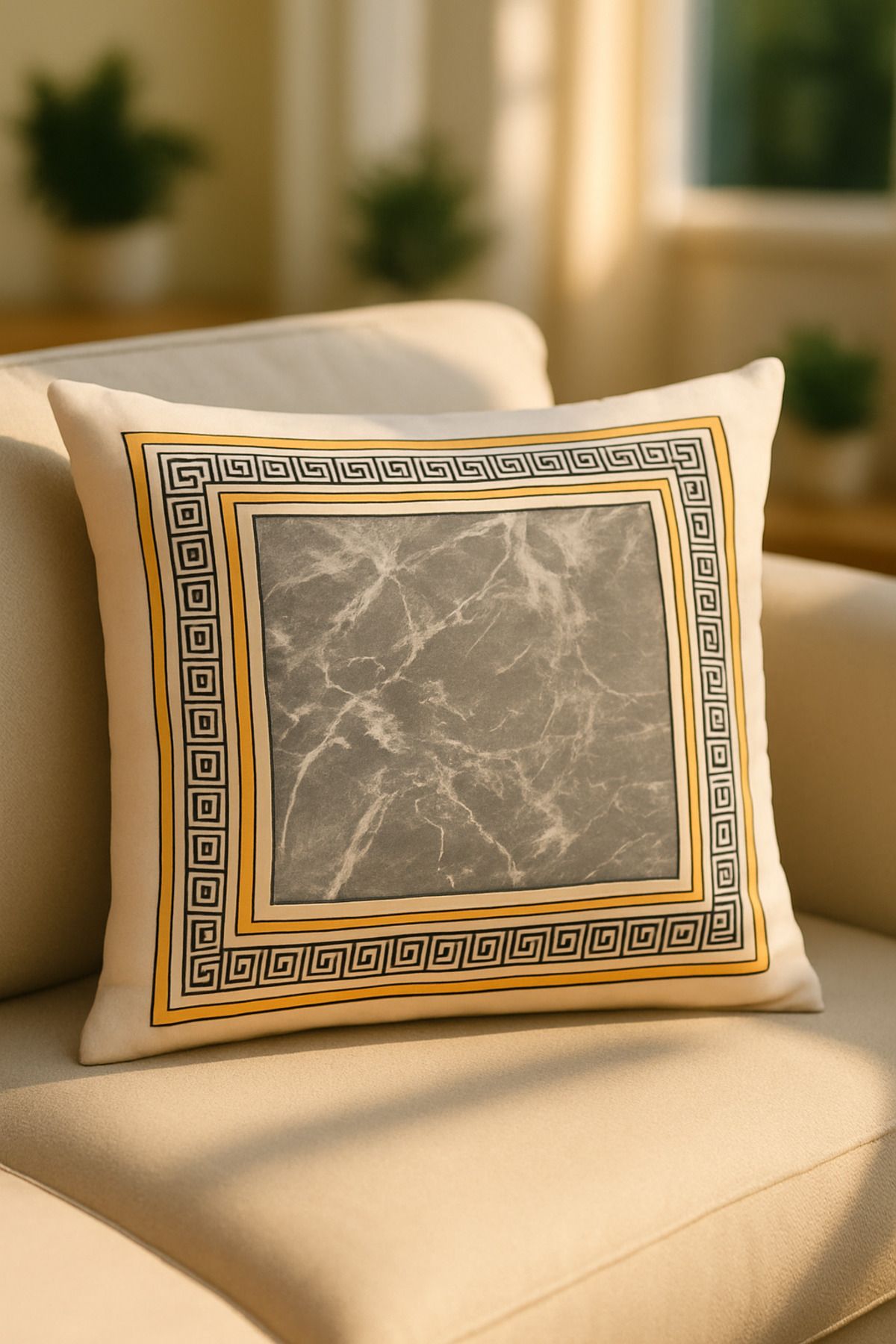 HİG HOME Gold Grid Mermer Kırlent Kılıfı – Klasik Modern Stil