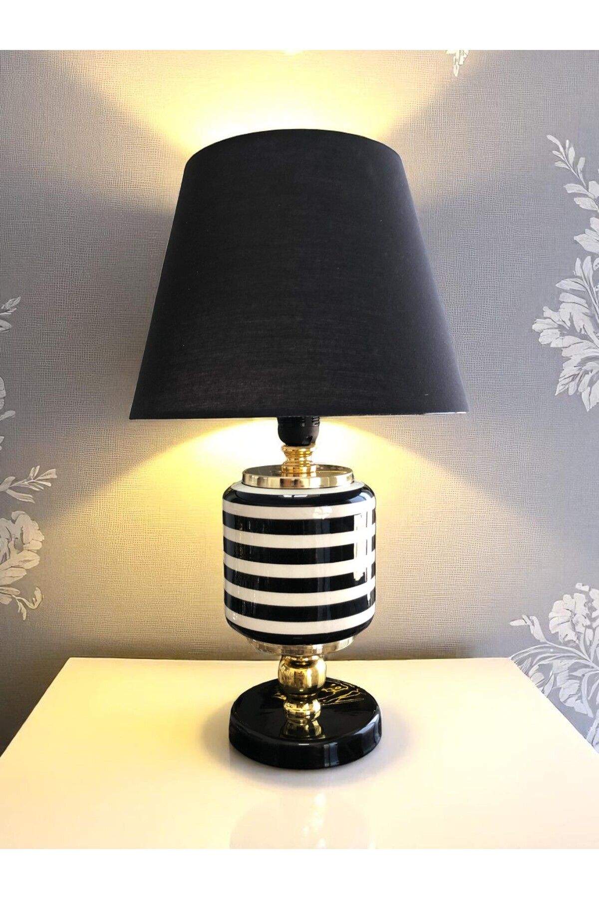 ferayhome Abajur Aydınlatma Seramik Oval Siyah Klasik Zebra Siyah Şapka Gold - Feray Home