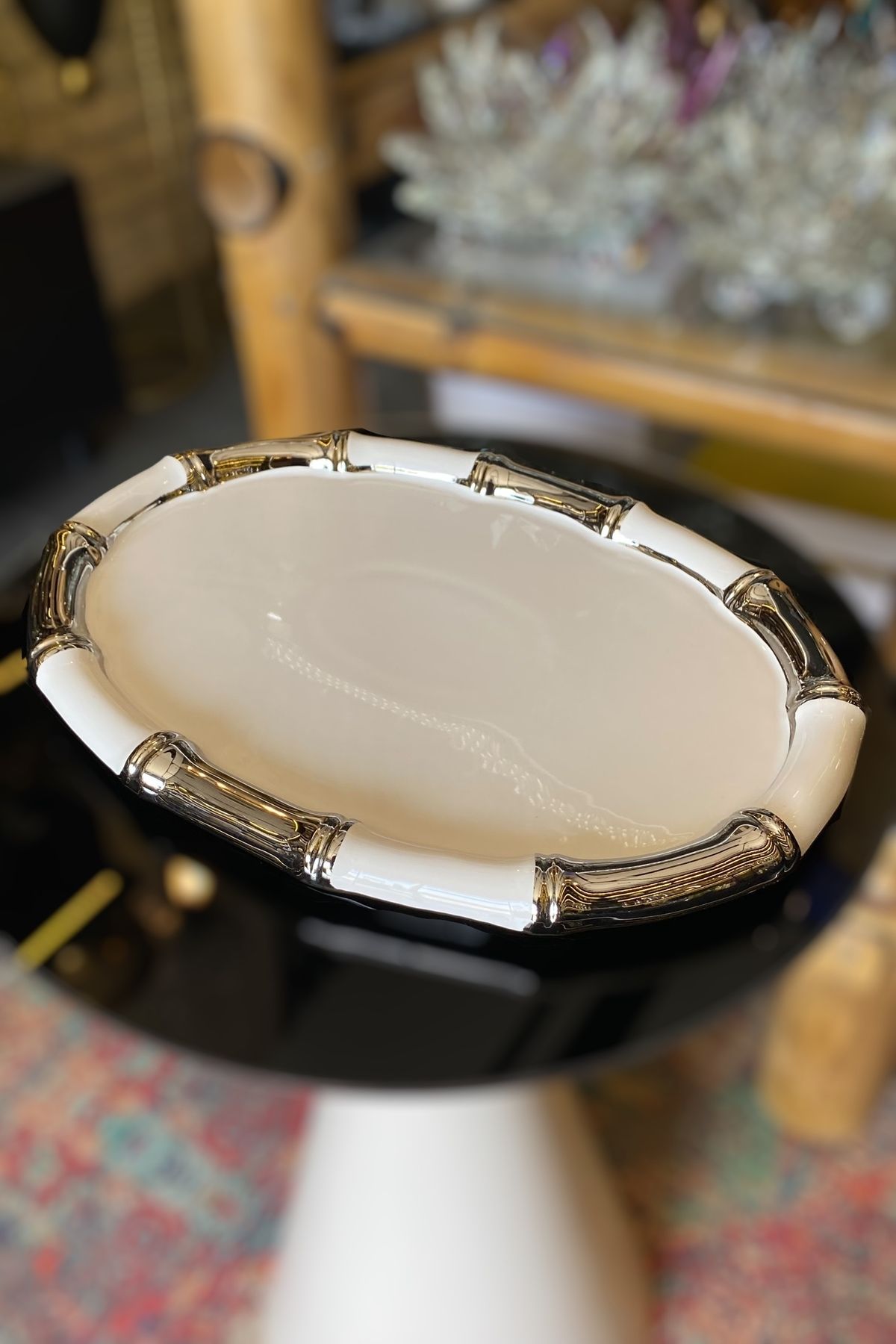 LEMİ DEKORASYON-Silver Detailed Porcelain Oval Bamboo Cake Presentation Plate 38 X 27 cm 4