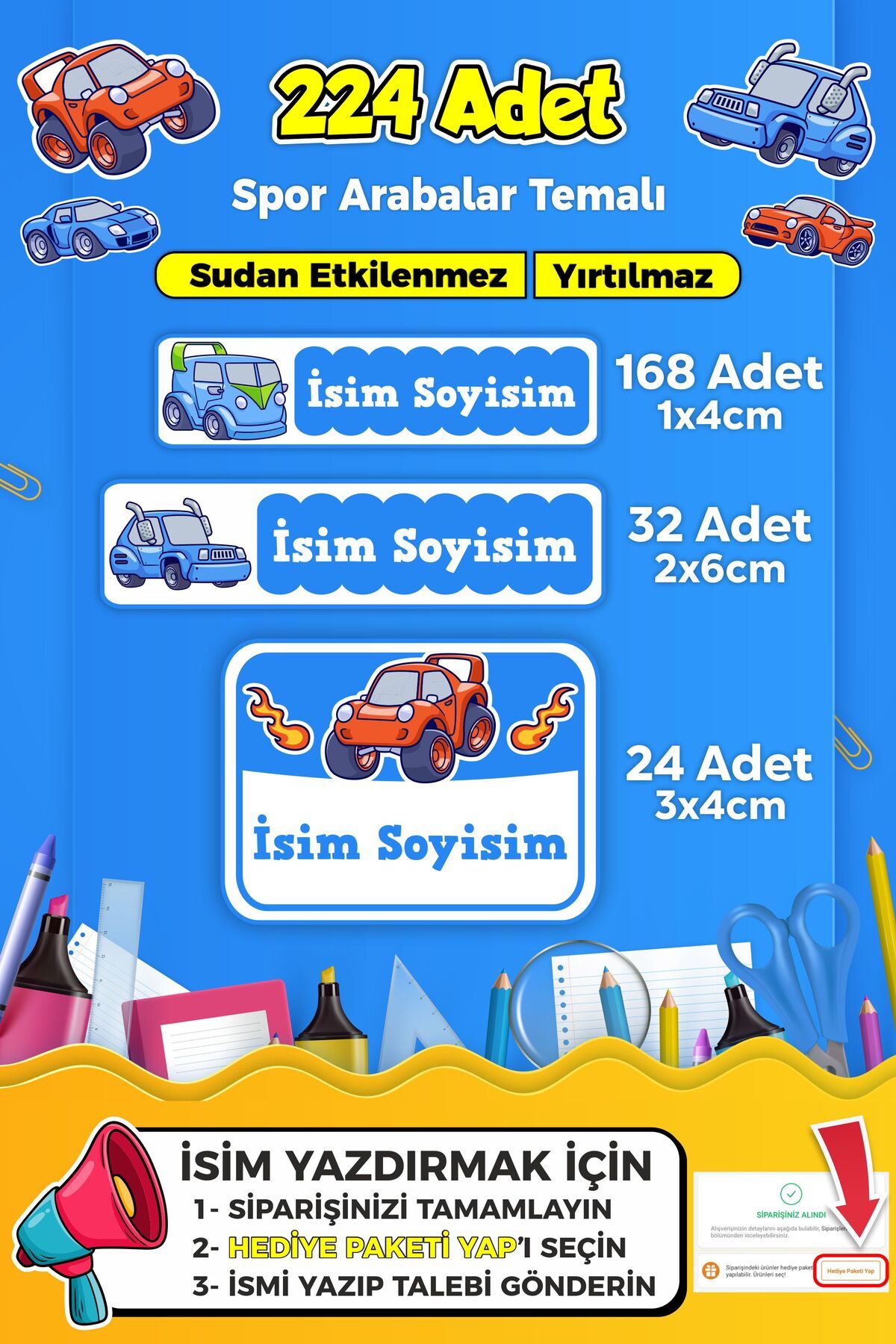SB store Yarış Arabası Temalı Okul Kreş Kişiye Özel İsim Etiket Seti - Model 264