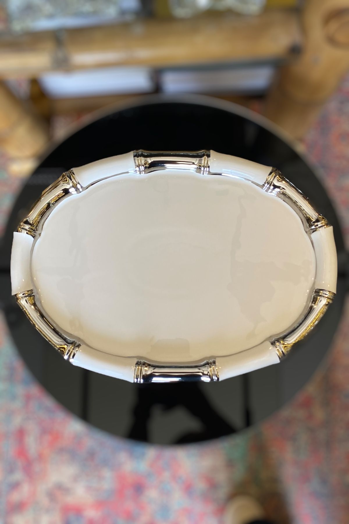 LEMİ DEKORASYON-Silver Detailed Porcelain Oval Bamboo Cake Presentation Plate 38 X 27 cm 5