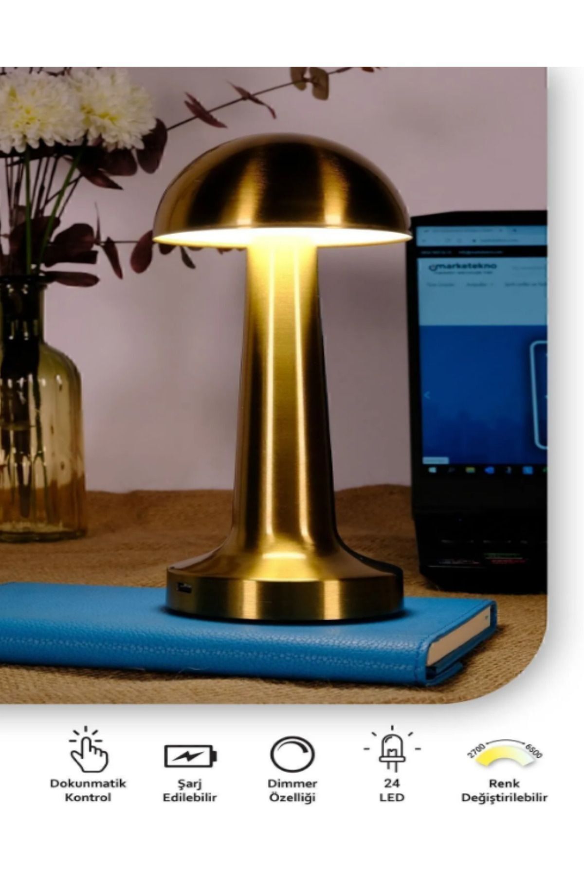 SerenityHaven Gold Masa Üstü Lamba Ledli Masa Lambası Şarjlı Mantar Gece Lambası Led Abajur Rose Renk Dokunmatik