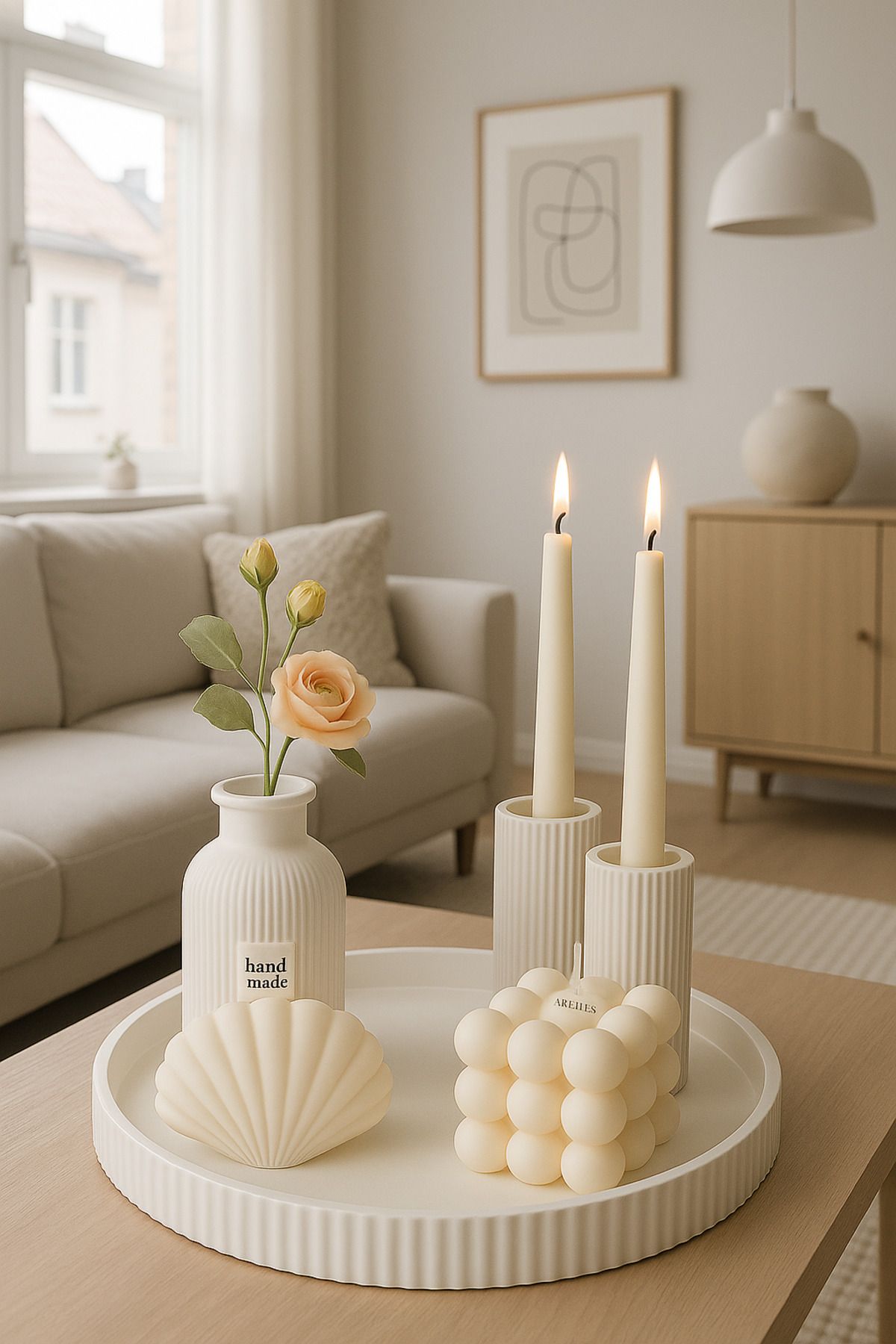 Arteliss Bohem İskandinav Tarz Tepsi Üzeri 5’li Set | Minimal Modern Mum, Vazo, Şamdan
