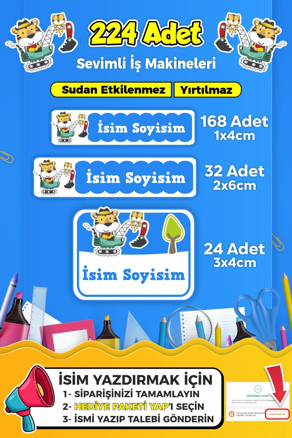 SB store İş Makineleri Temalı Okul Kreş Kişiye Özel İsim Etiket Seti - Model 261