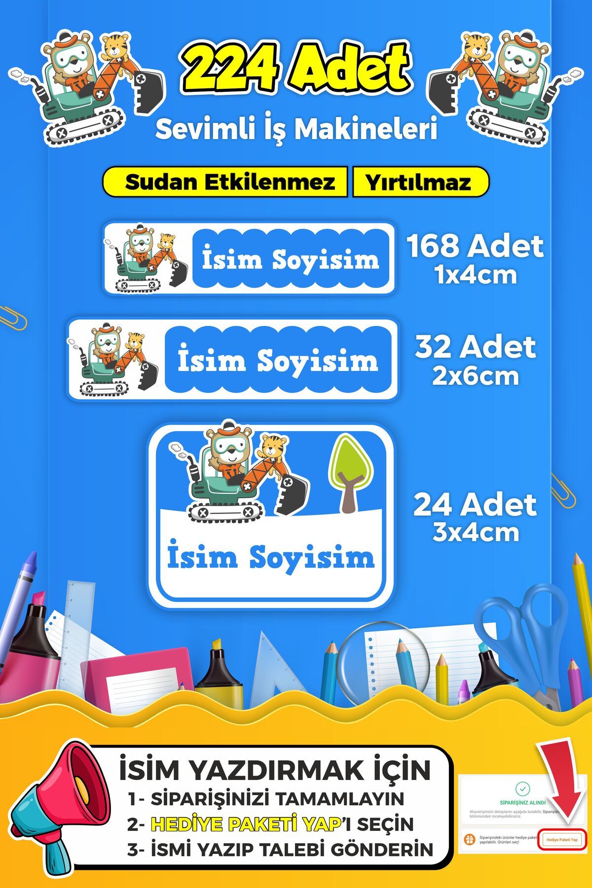 SB store İş Makineleri Temalı Okul Kreş Kişiye Özel İsim Etiket Seti - Model 262