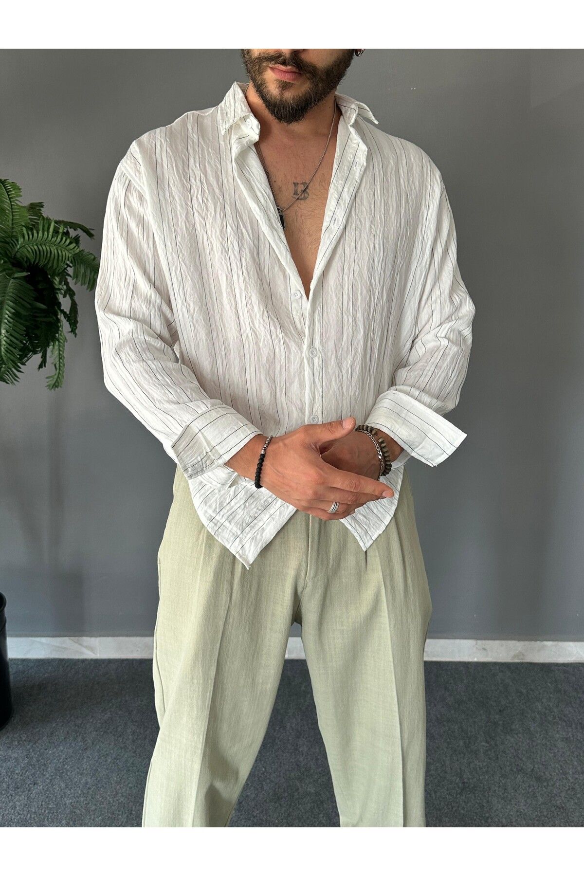 THEMANN Dikey Çizgili Modal Kumaş Beyaz Oversize Gömlek