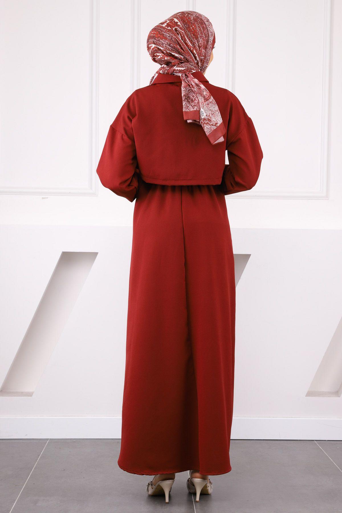 İmajButik-Φόρεμα με μπορντό μπουφάν με ελαστική μέση 3