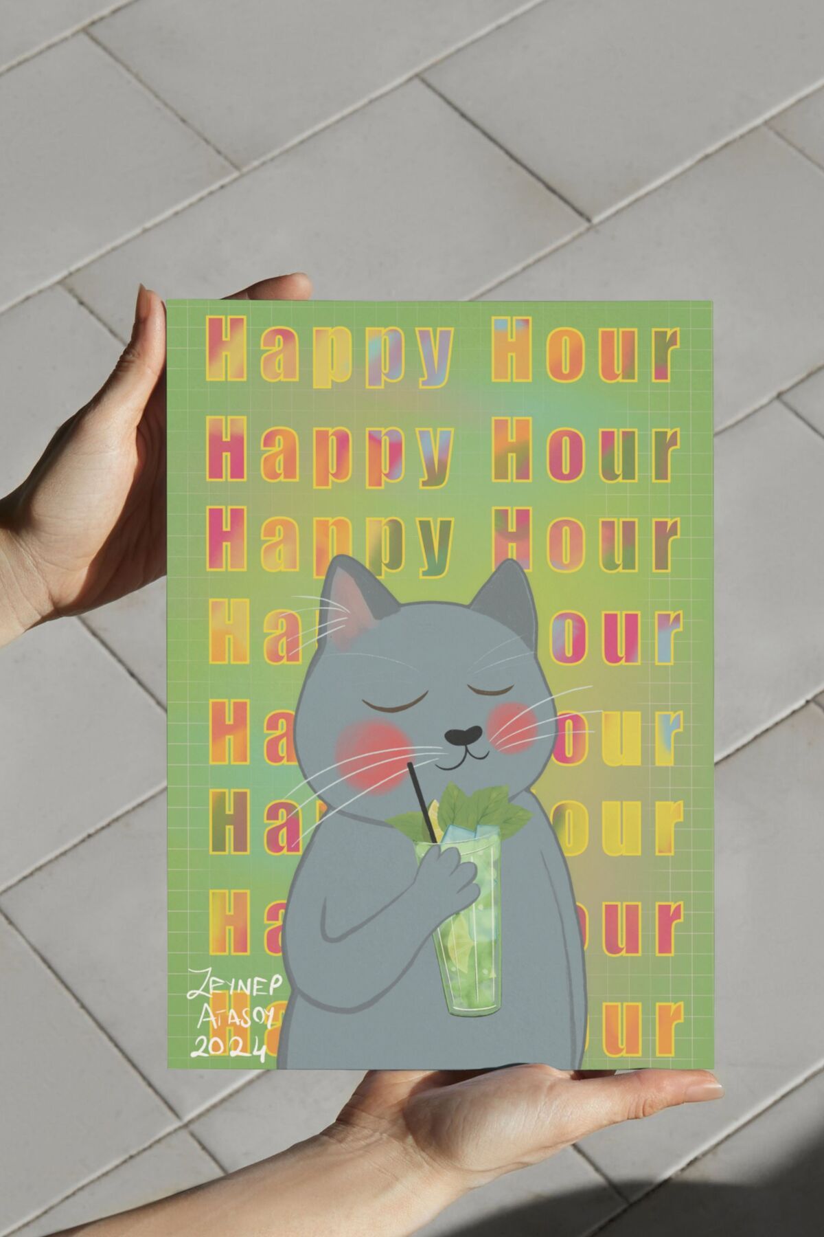 ZeynebinResimleri Happy Hour Kedi Posteri, Eğlenceli Dijital İllüstrasyon, A4 Boyut Poster, Çerçevesiz