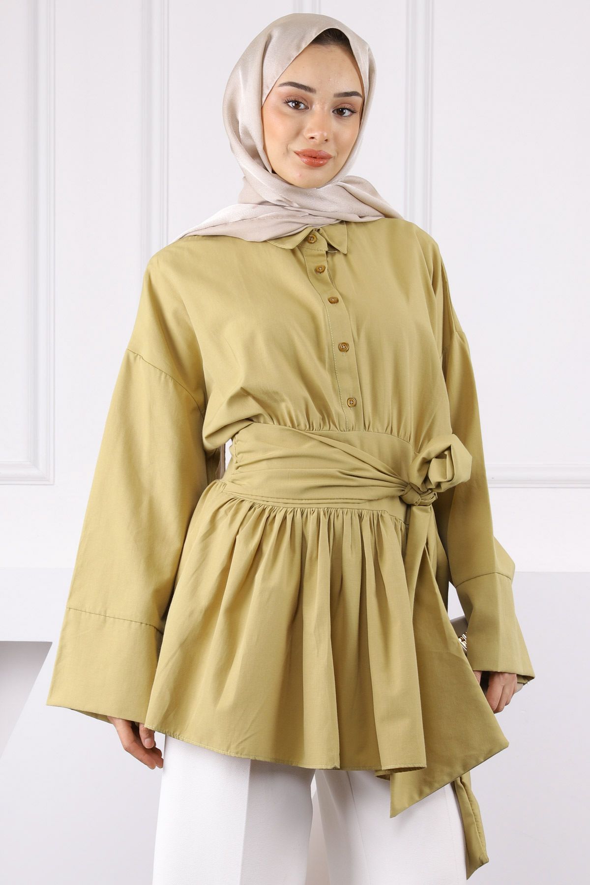 İmajButik Yağ Yeşili Bel Bağlamalı Tunik
