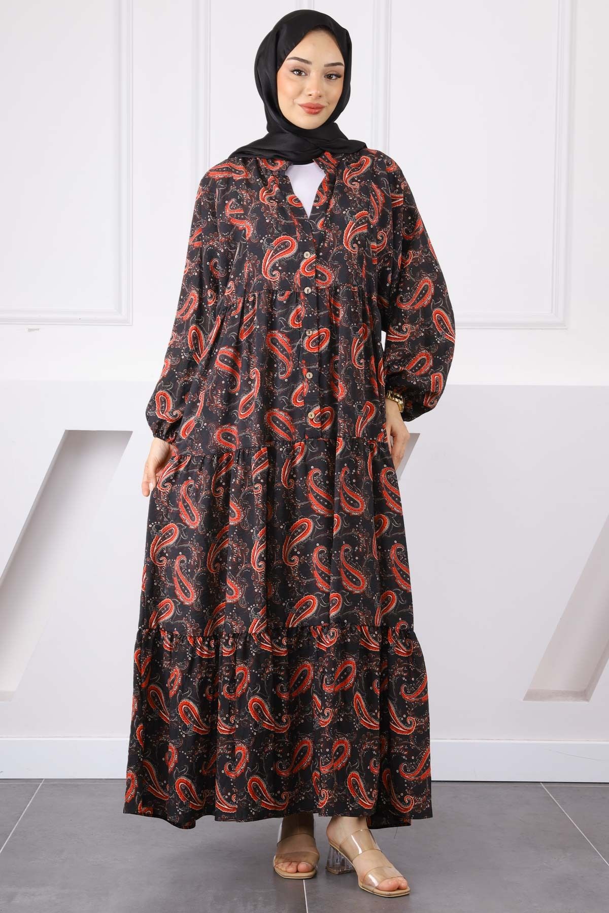 İmajButik Siyah Yarım Düğmeli Eteği Katlı Elbise