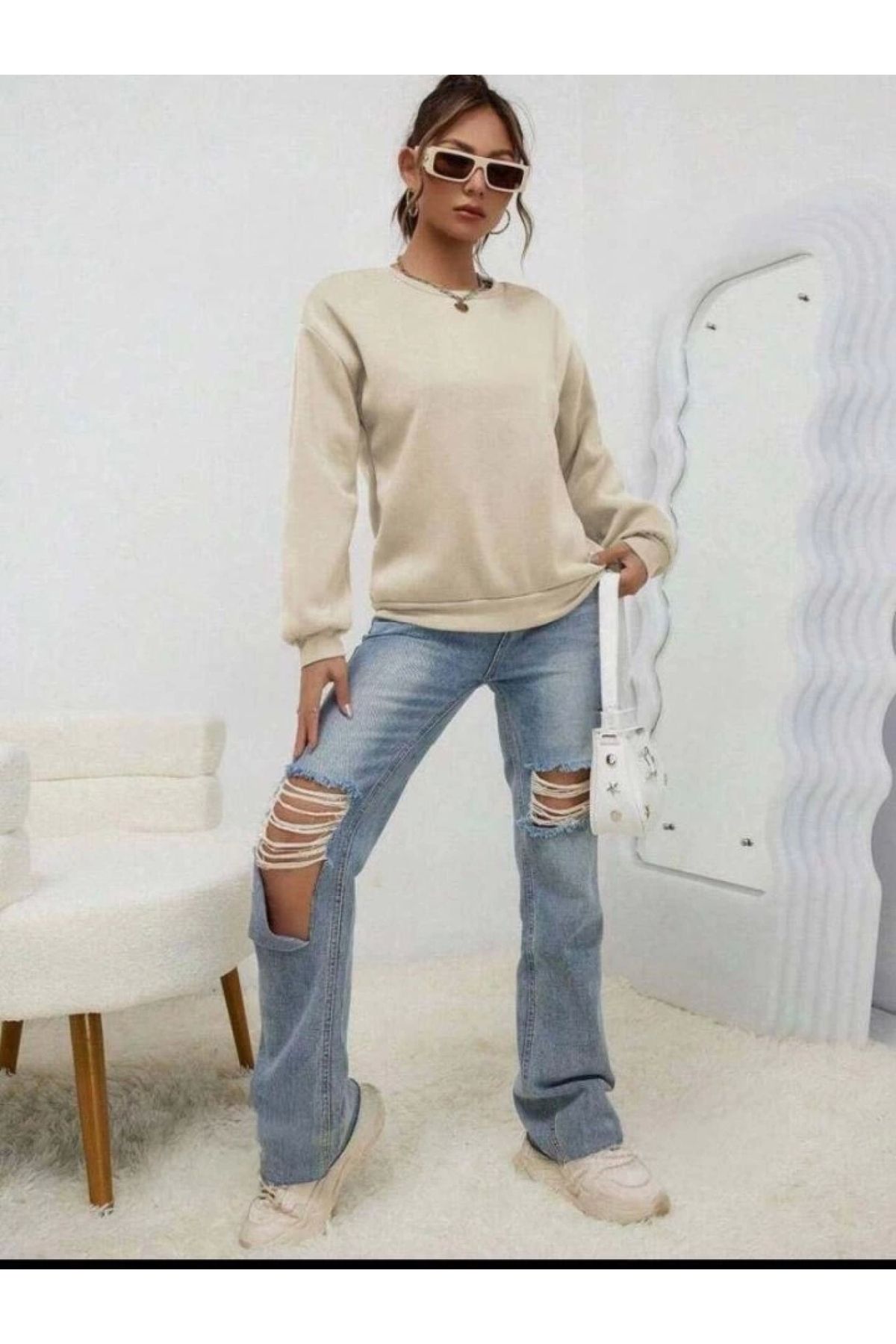 POLEXP Kadın Uzun Kollu Bisiklet Yaka şardonlu üç Iplik Kumaş Sweat