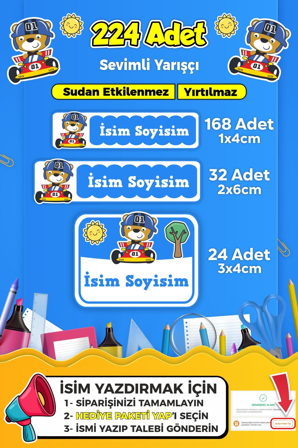 SB store Sevimli Yarışçı Temalı Okul Kreş Kişiye Özel İsim Etiket Seti - Model 278