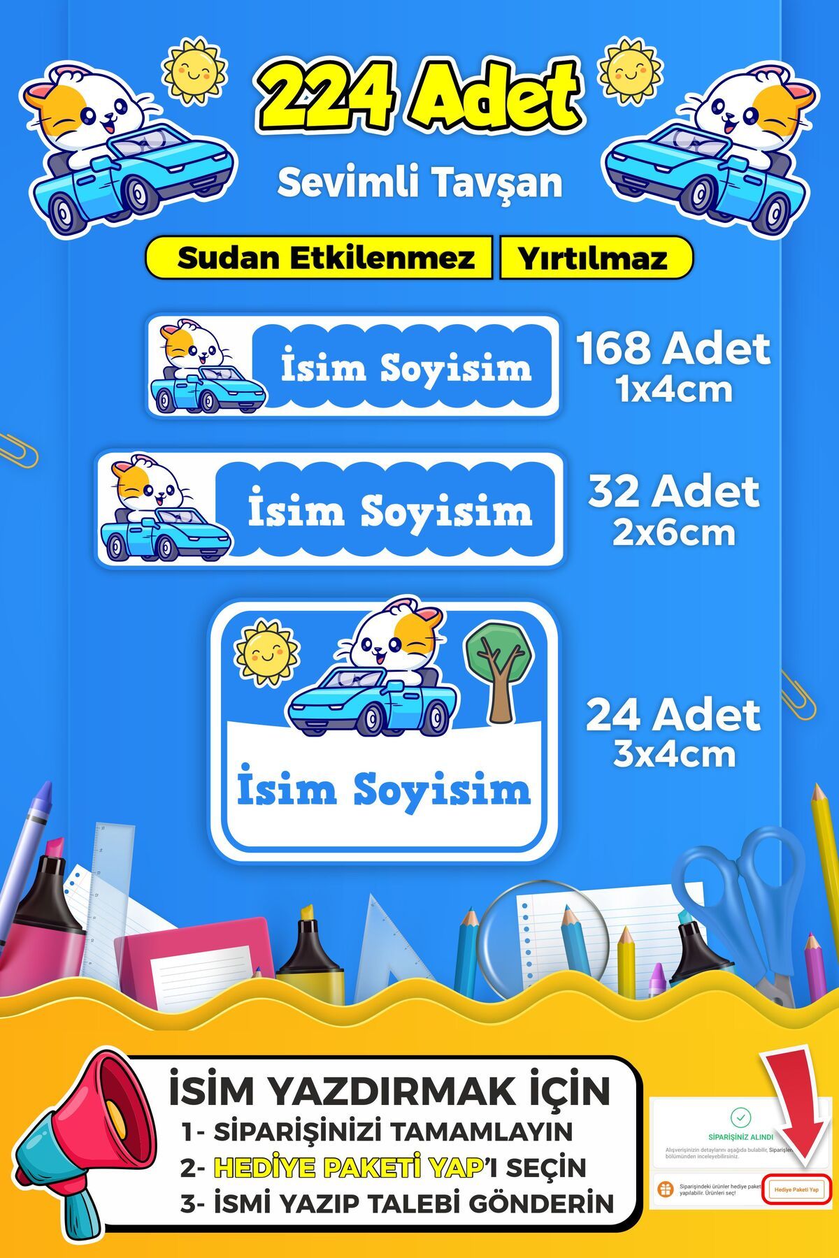 SB store Sevimli Yarışçı Temalı Okul Kreş Kişiye Özel İsim Etiket Seti - Model 273