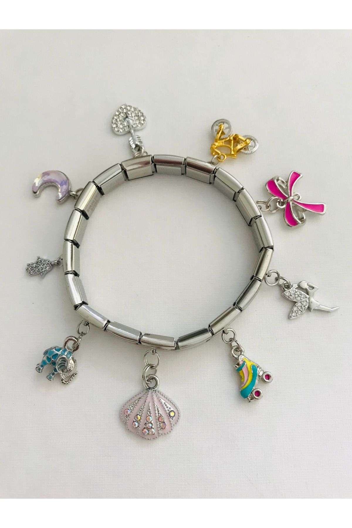 Mercan Aksesuar 9 Sallantılı Italyan Charm Çelik Bileklik 18 cm