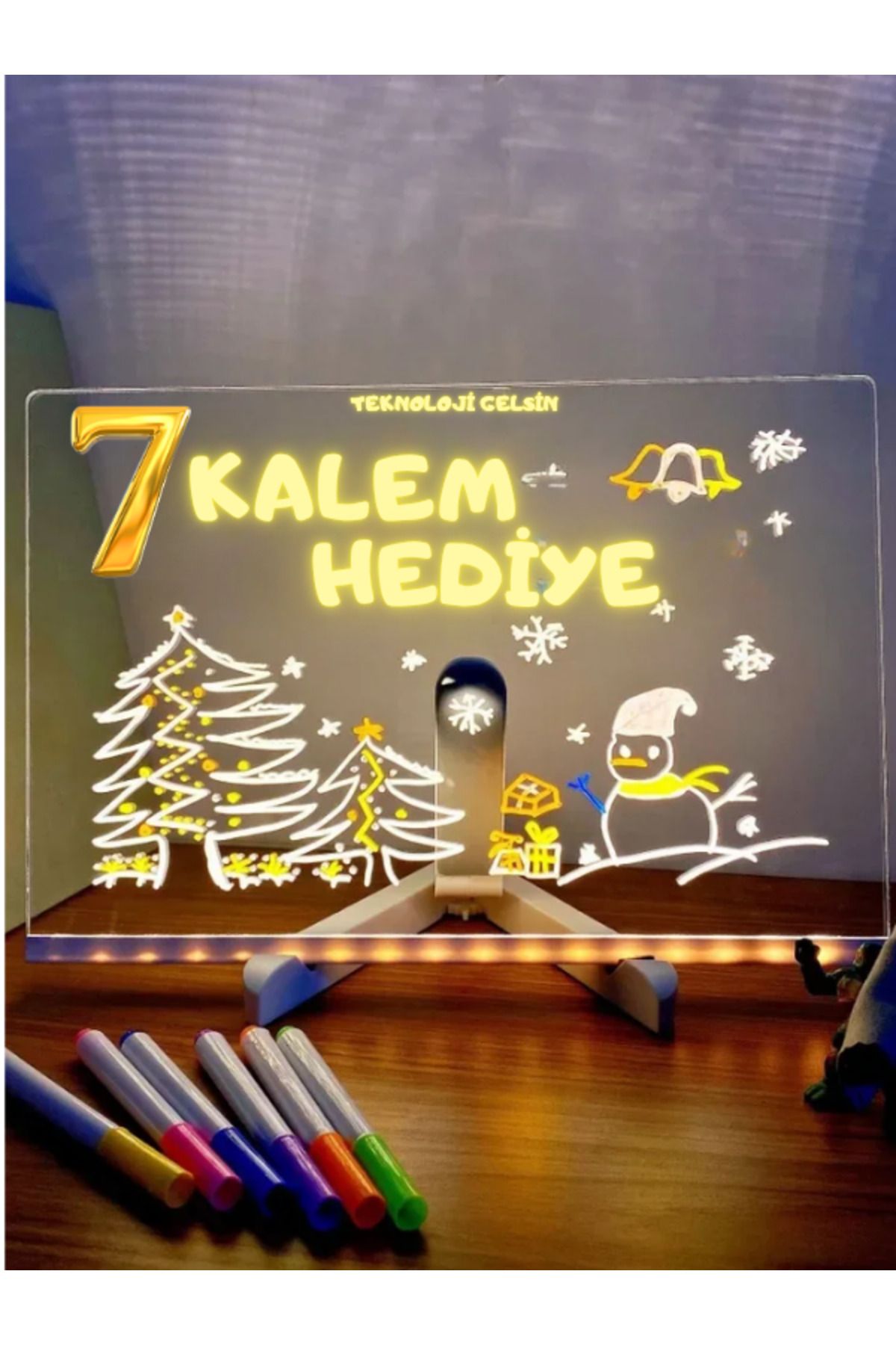 Teknoloji Gelsin Yazı Çizim Tahtası Led Işıklı 20X30 CM 7 Kalem ve Stant Hediyeli Neon Işıklı Eğitici Not Tahtası