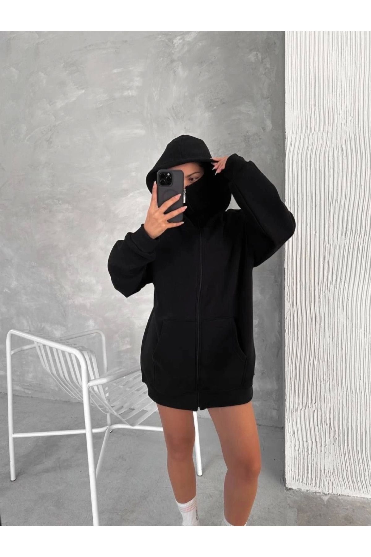 POLEXP Şık Siyah Fermuarlı Kapüşonlu Sweatshirt