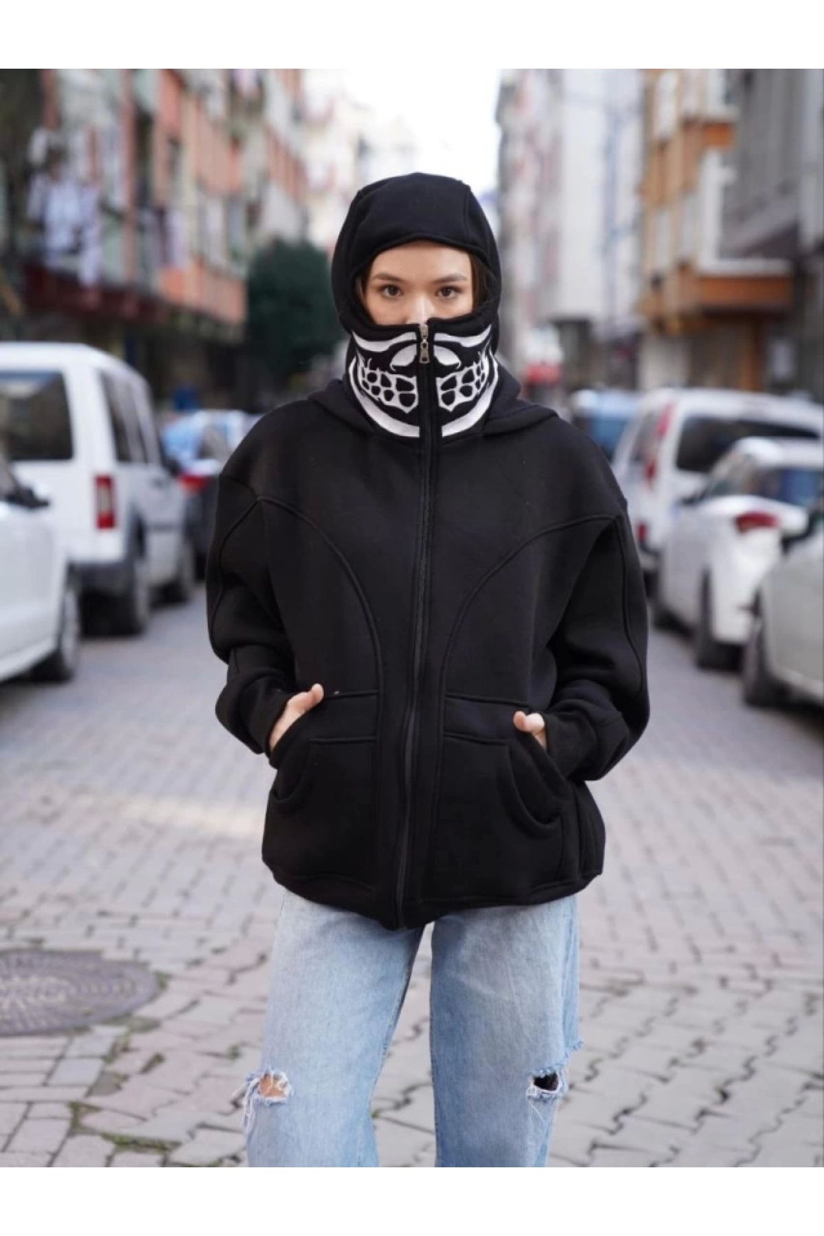 POLEXP Eşsiz Tasarımlı Siyah Kapşonlu Sweatshirt