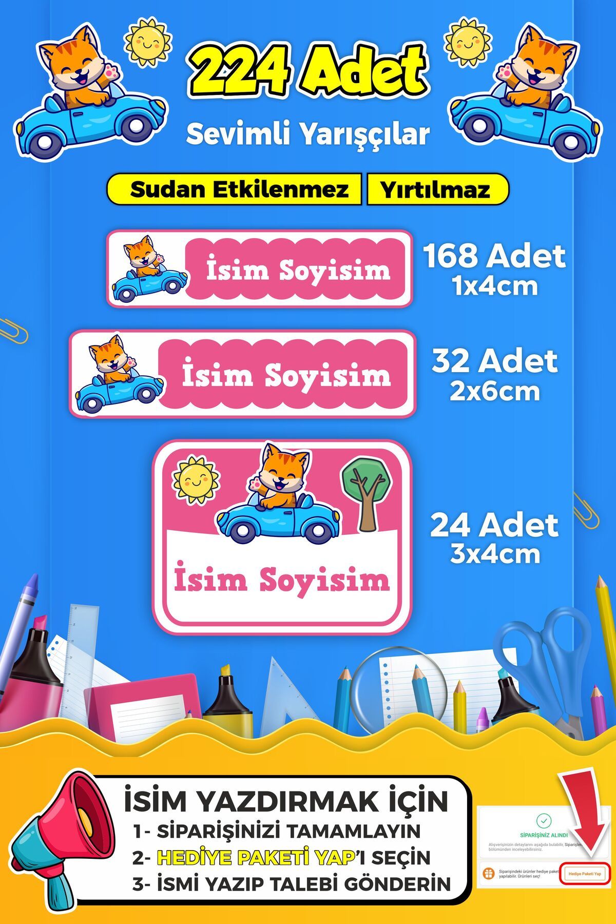 SB store Sevimli Yarışçı Temalı Okul Kreş Kişiye Özel İsim Etiket Seti - Model 270
