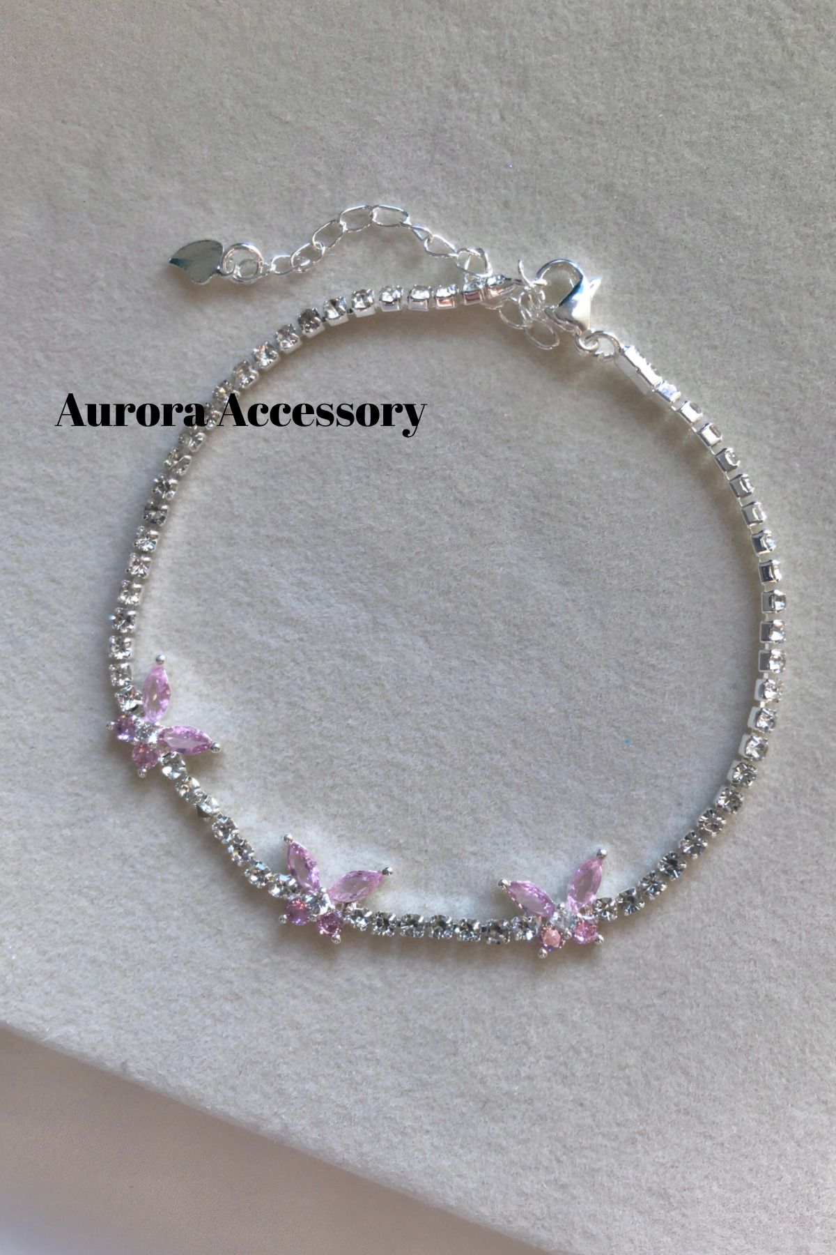 AurorAccessory Zirkon Taşlı Pembe Kelebekli Su Yolu Bileklik 17+3 cm