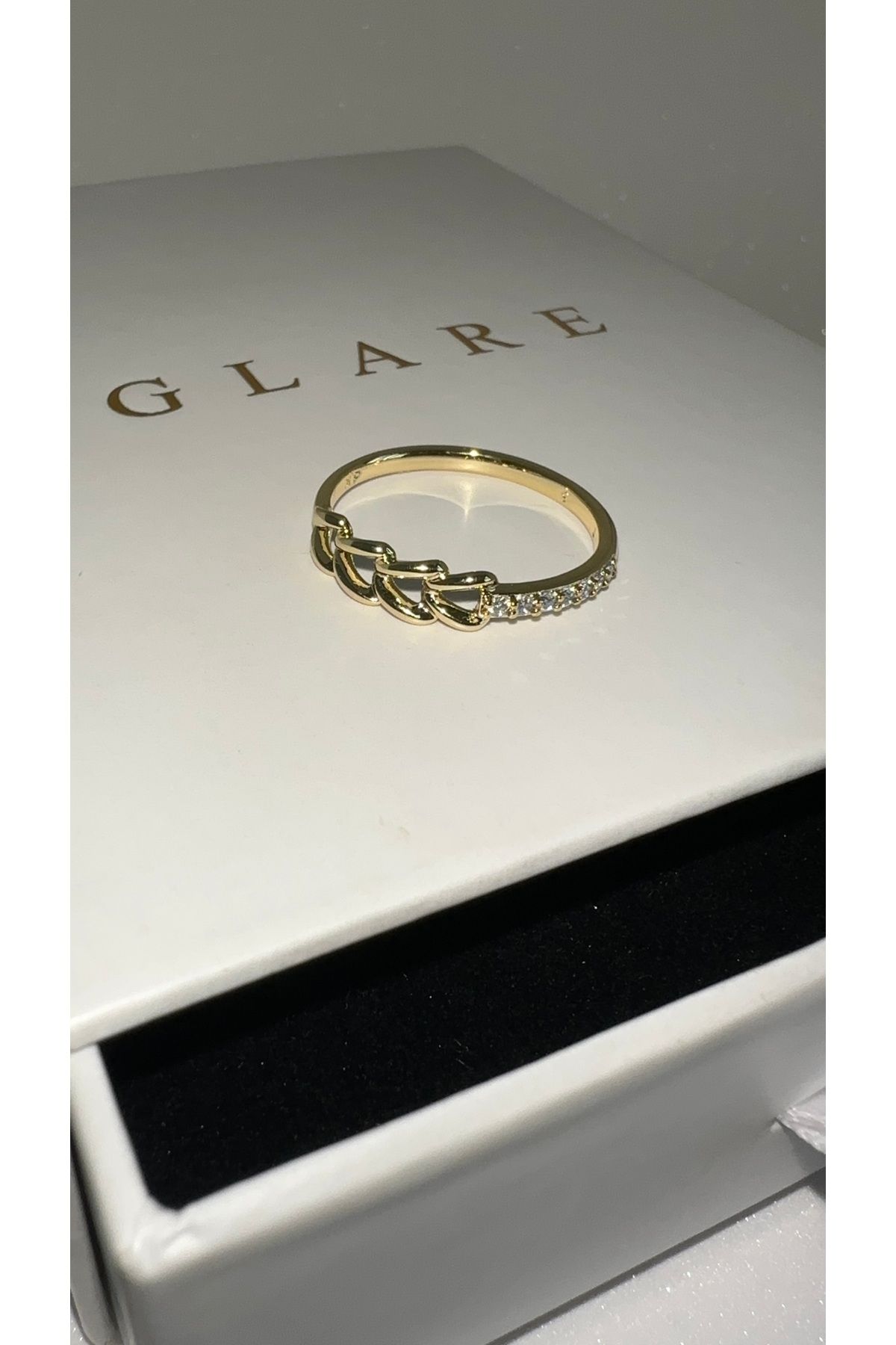GLARE JEWELRY Zirkon Taşlı Yüksek Paslanmaz Çelik Zincir Modeli 14k Gold Yüzük
