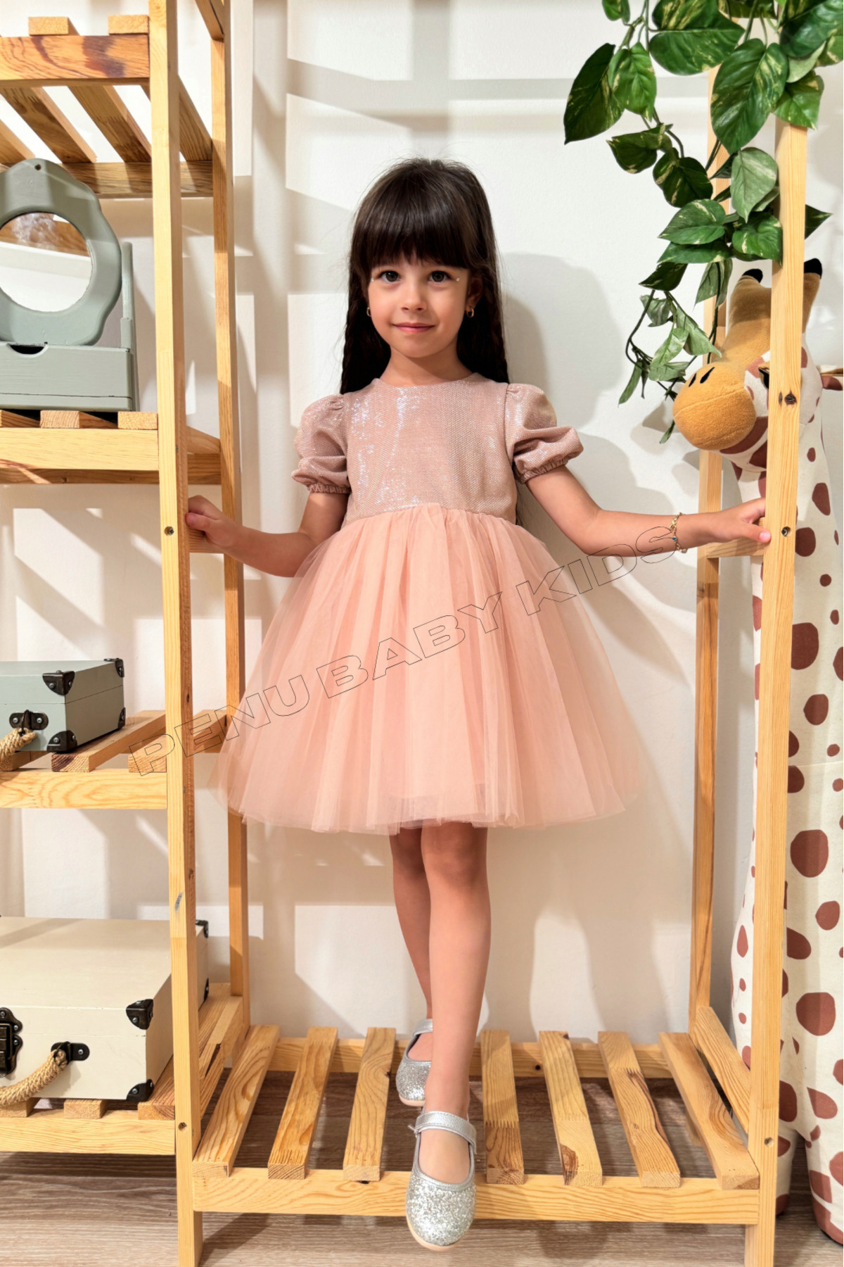 penu baby kids Pudra Kısa Balon Kumaş Kol Detaylı Altı Tütülü Kız Bebek Elbise fotoğrafı 3 (önizleme)