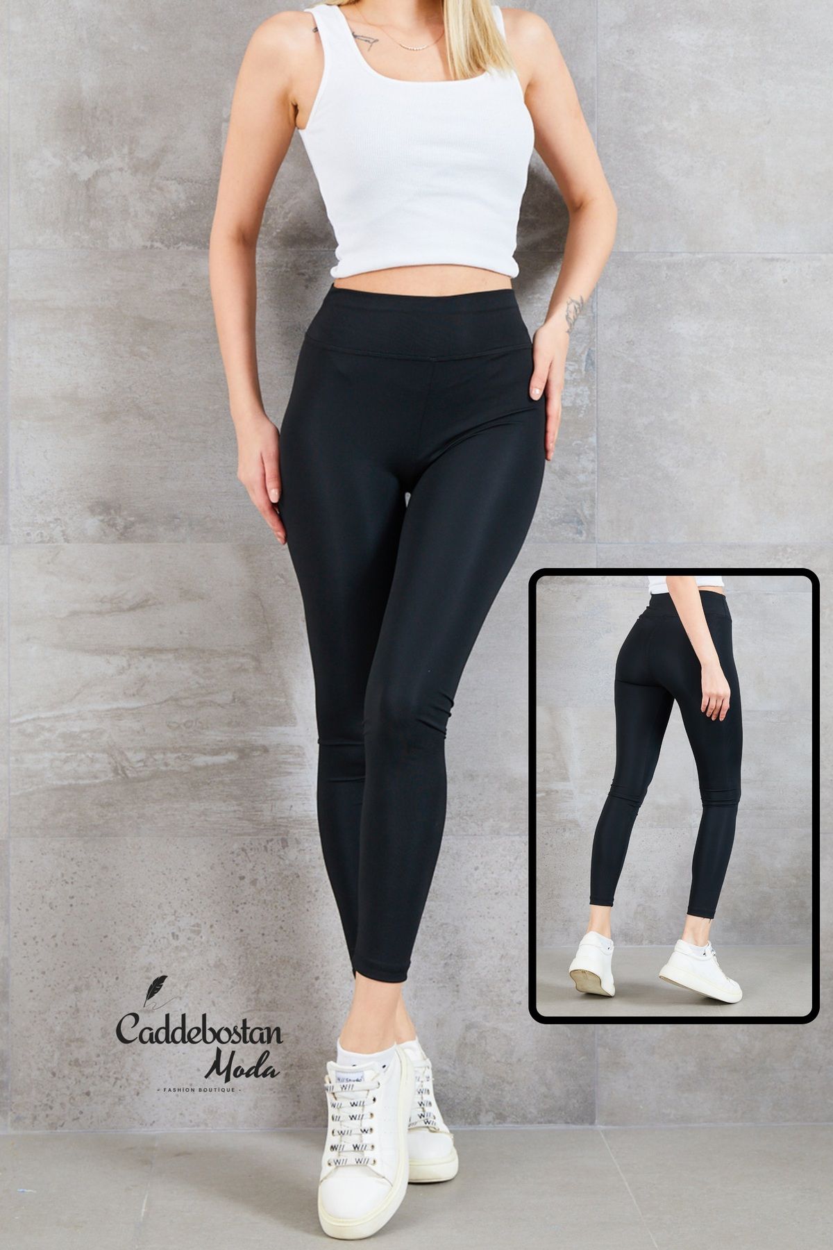 Caddebostan Moda Yüksek Bel Toparlayıcı Tayt Pamuklu Likrasız Siyah Pantolon