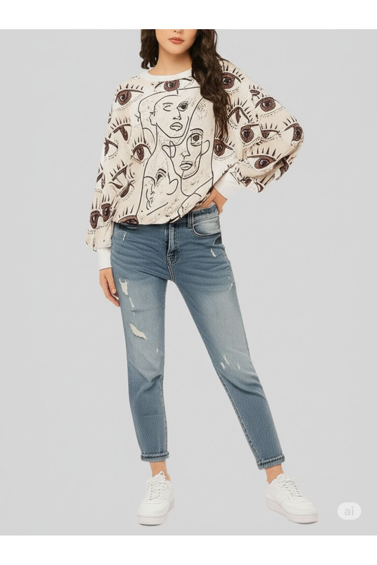 DHDmoda Kadın Yüz Figürlü İki İplik Sweatshirt