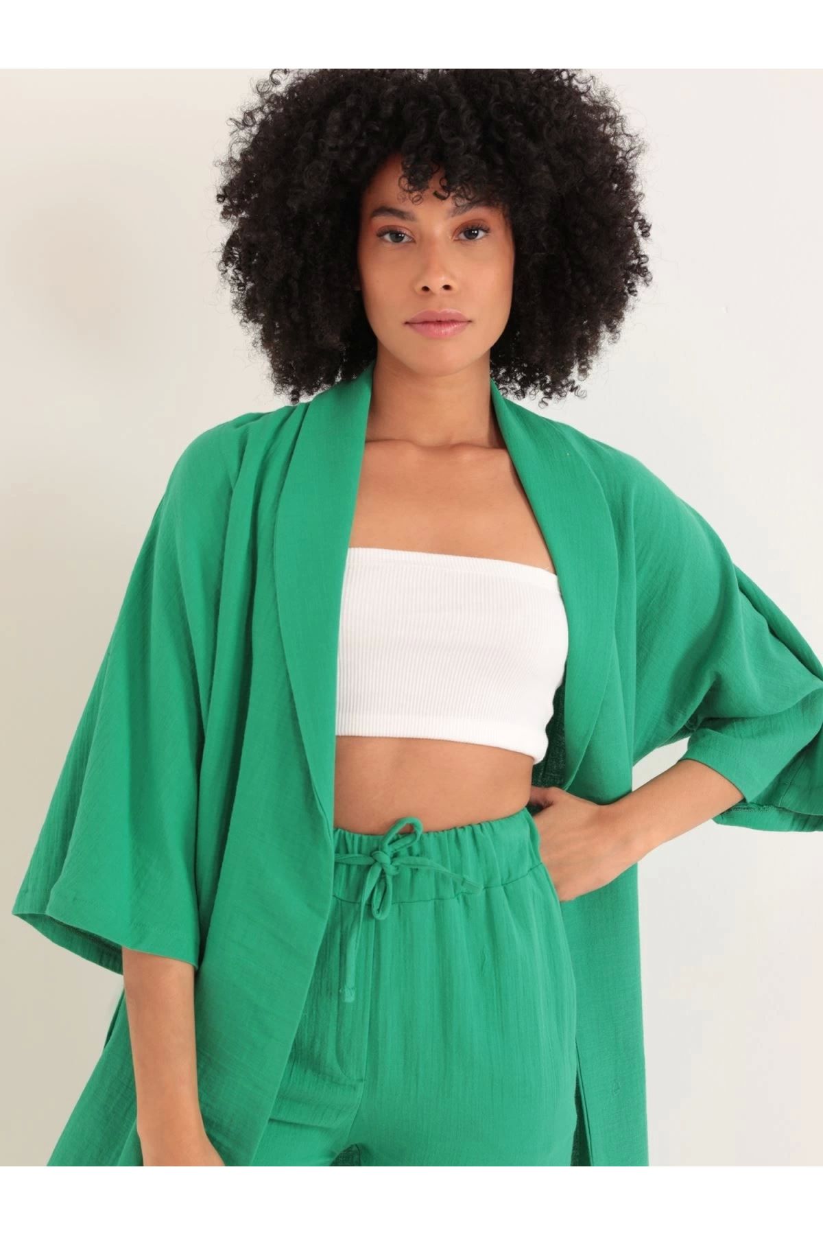POLEXP Elegan Yeşil Kimono Üstü