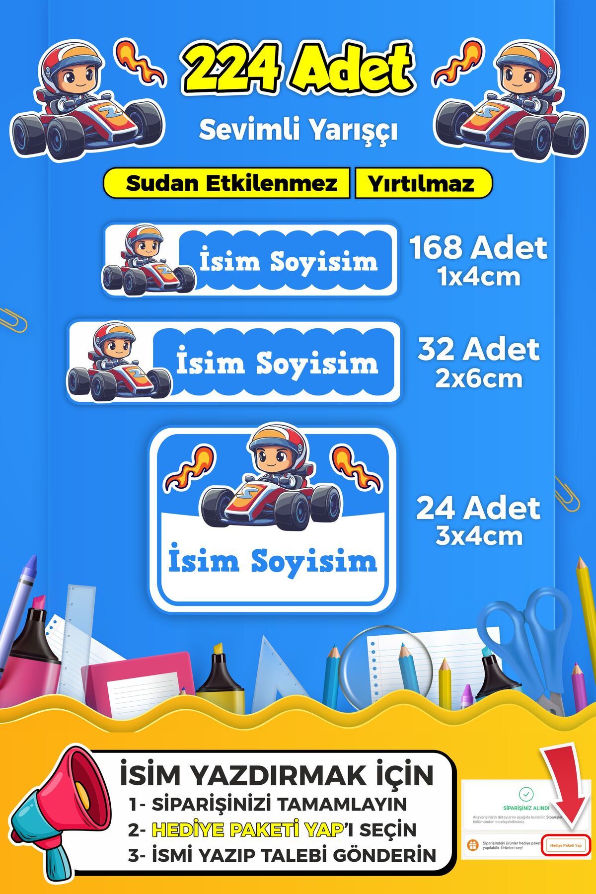 SB store Sevimli Yarışçı Temalı Okul Kreş Kişiye Özel İsim Etiket Seti - Model 280
