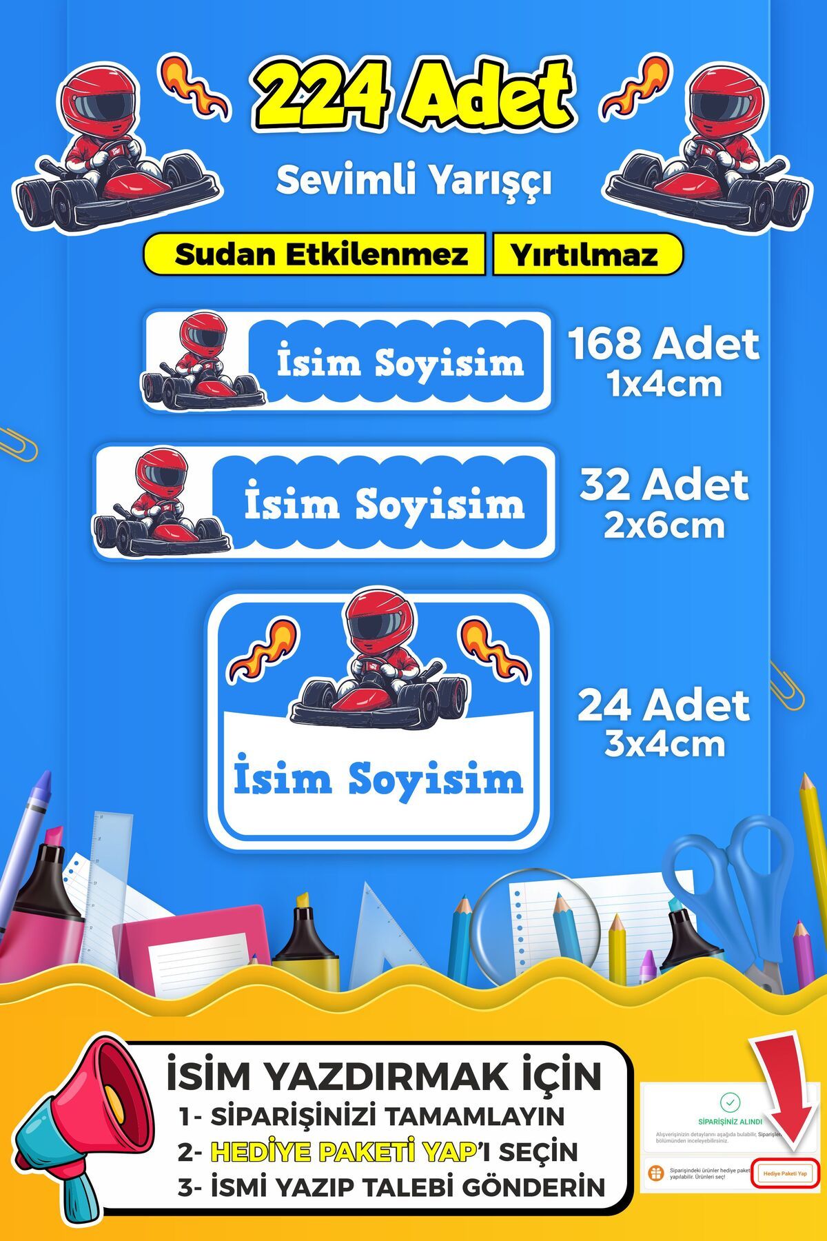 SB store Sevimli Yarışçı Temalı Okul Kreş Kişiye Özel İsim Etiket Seti - Model 281