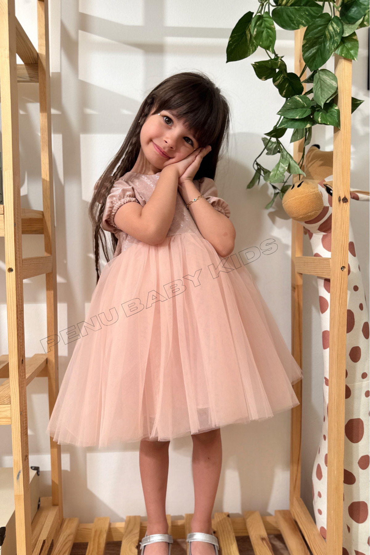 penu baby kids Pudra Kısa Balon Kumaş Kol Detaylı Altı Tütülü Kız Bebek Elbise fotoğrafı 7 (önizleme)